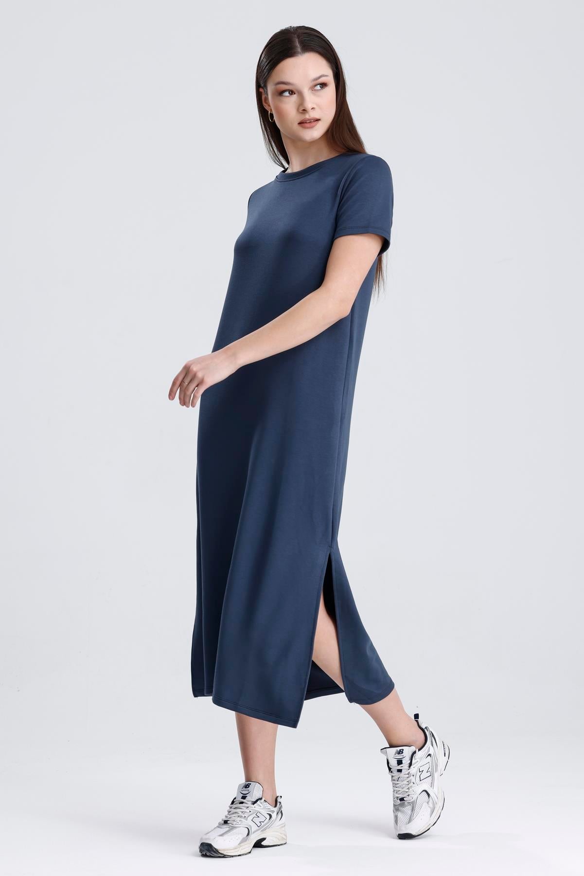 Bisiklet Yaka Yırtmaçlı Modal Basic Salaş Elbise - Antrasit