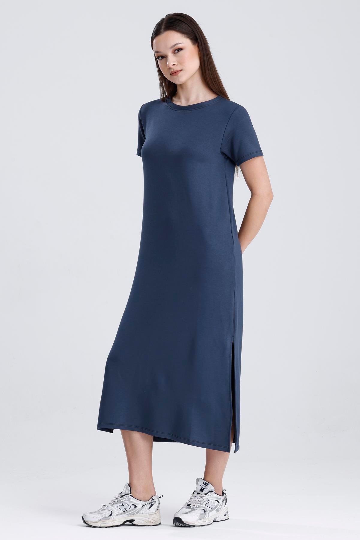 Bisiklet Yaka Yırtmaçlı Modal Basic Salaş Elbise - Antrasit