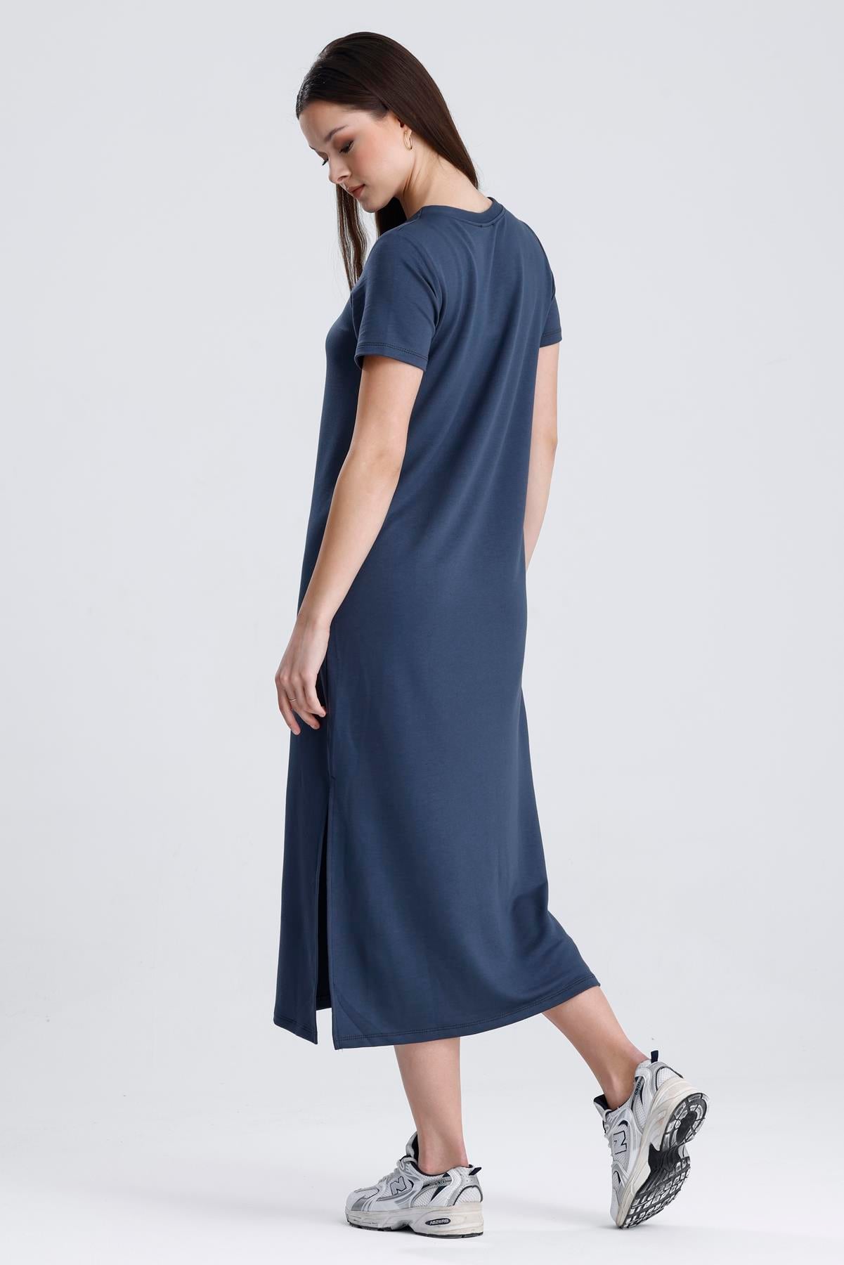 Bisiklet Yaka Yırtmaçlı Modal Basic Salaş Elbise - Antrasit