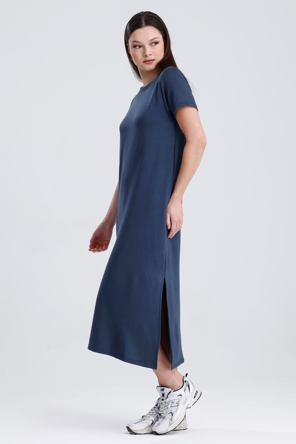 Bisiklet Yaka Yırtmaçlı Modal Basic Salaş Elbise - Antrasit