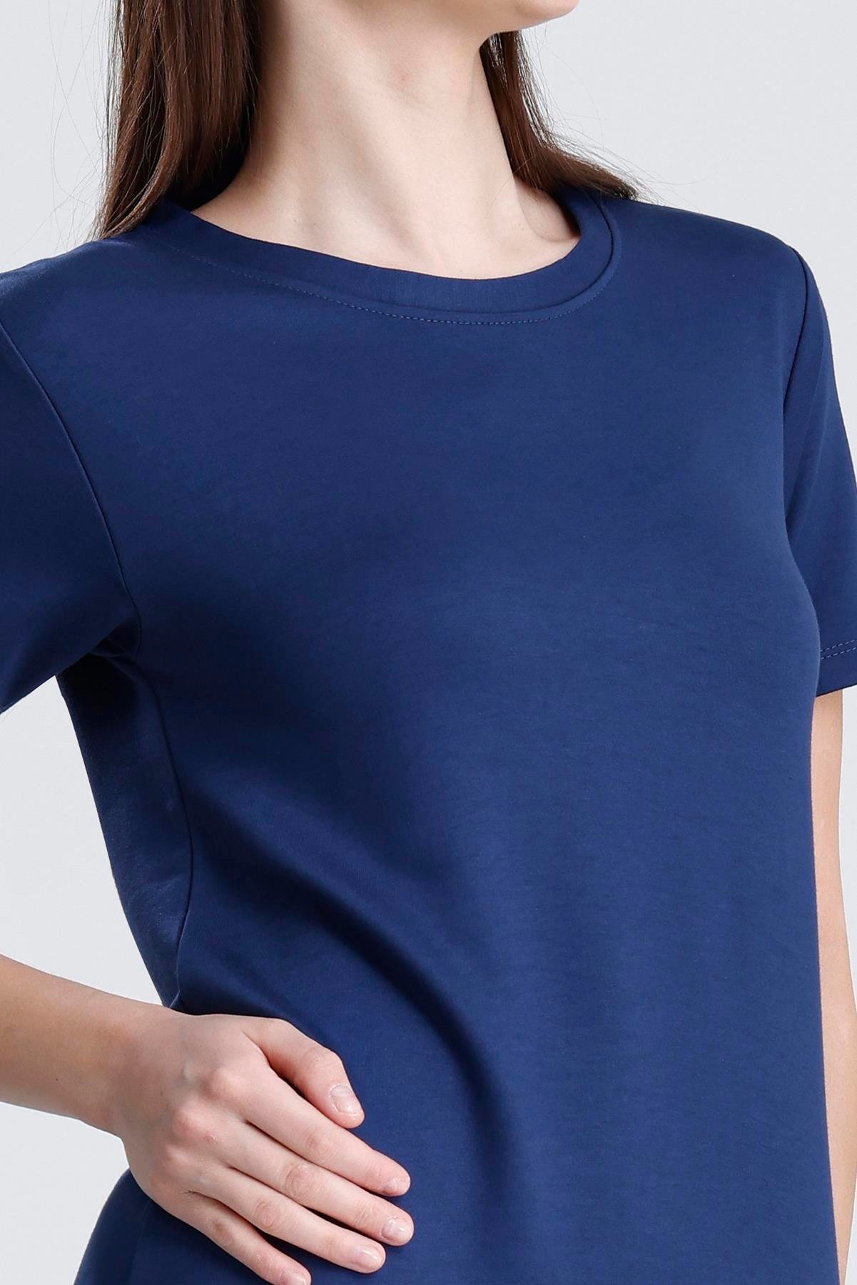 Bisiklet Yaka Yırtmaçlı Modal Basic Salaş Elbise - Lacivert