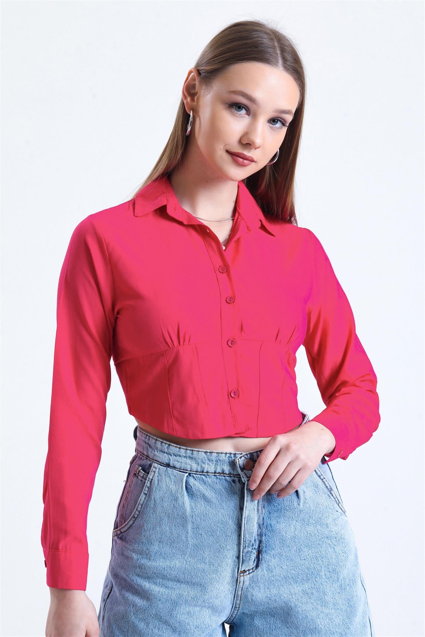 Büzgü Detaylı Gipeli Crop Poplin Gömlek - Fuşya