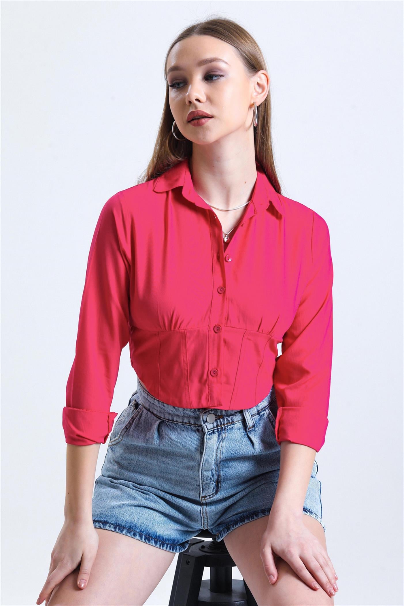 Büzgü Detaylı Gipeli Crop Poplin Gömlek - Fuşya