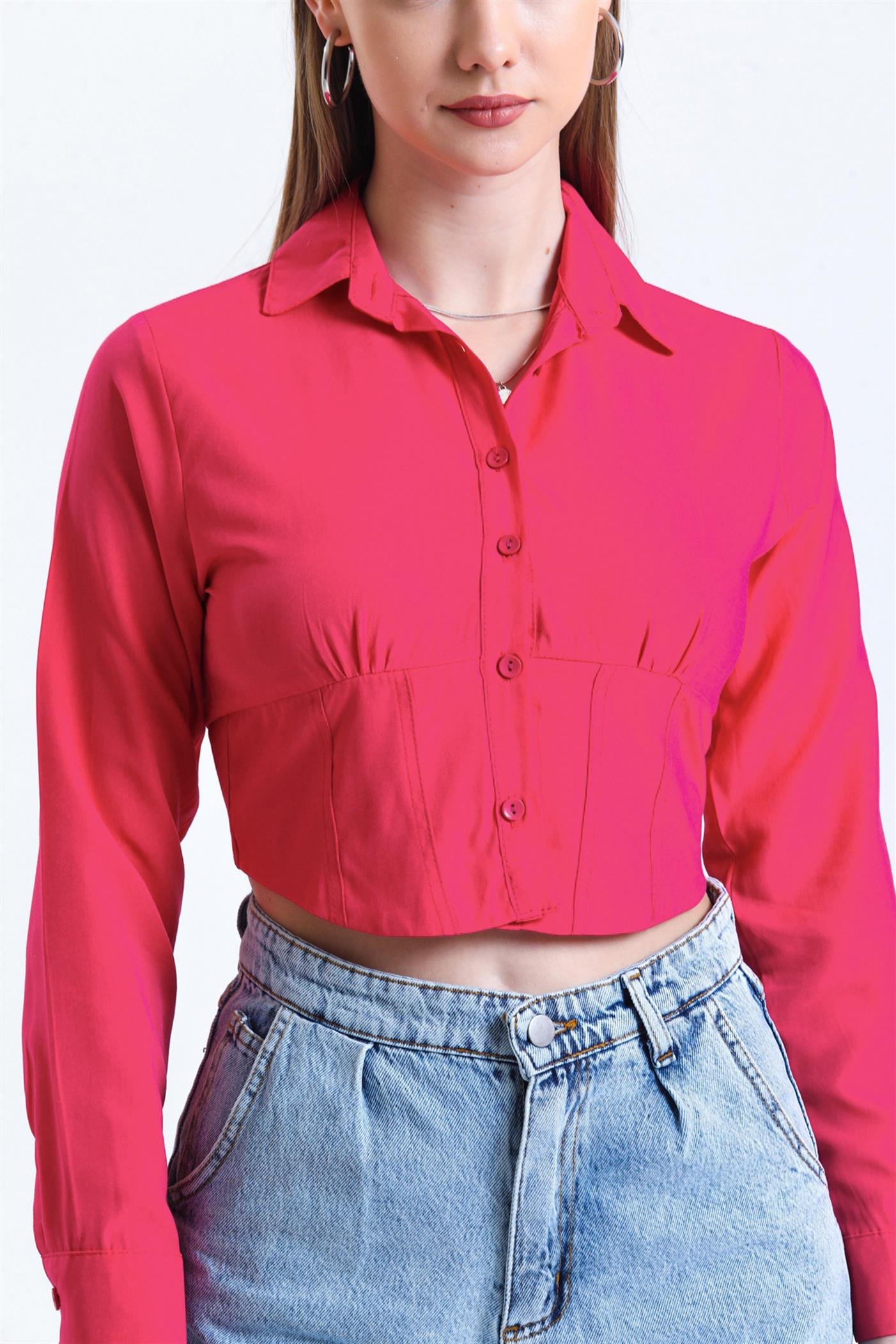 Büzgü Detaylı Gipeli Crop Poplin Gömlek - Fuşya