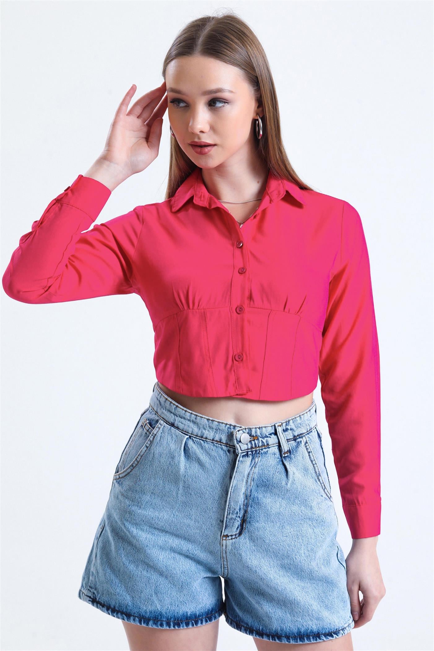 Büzgü Detaylı Gipeli Crop Poplin Gömlek - Fuşya