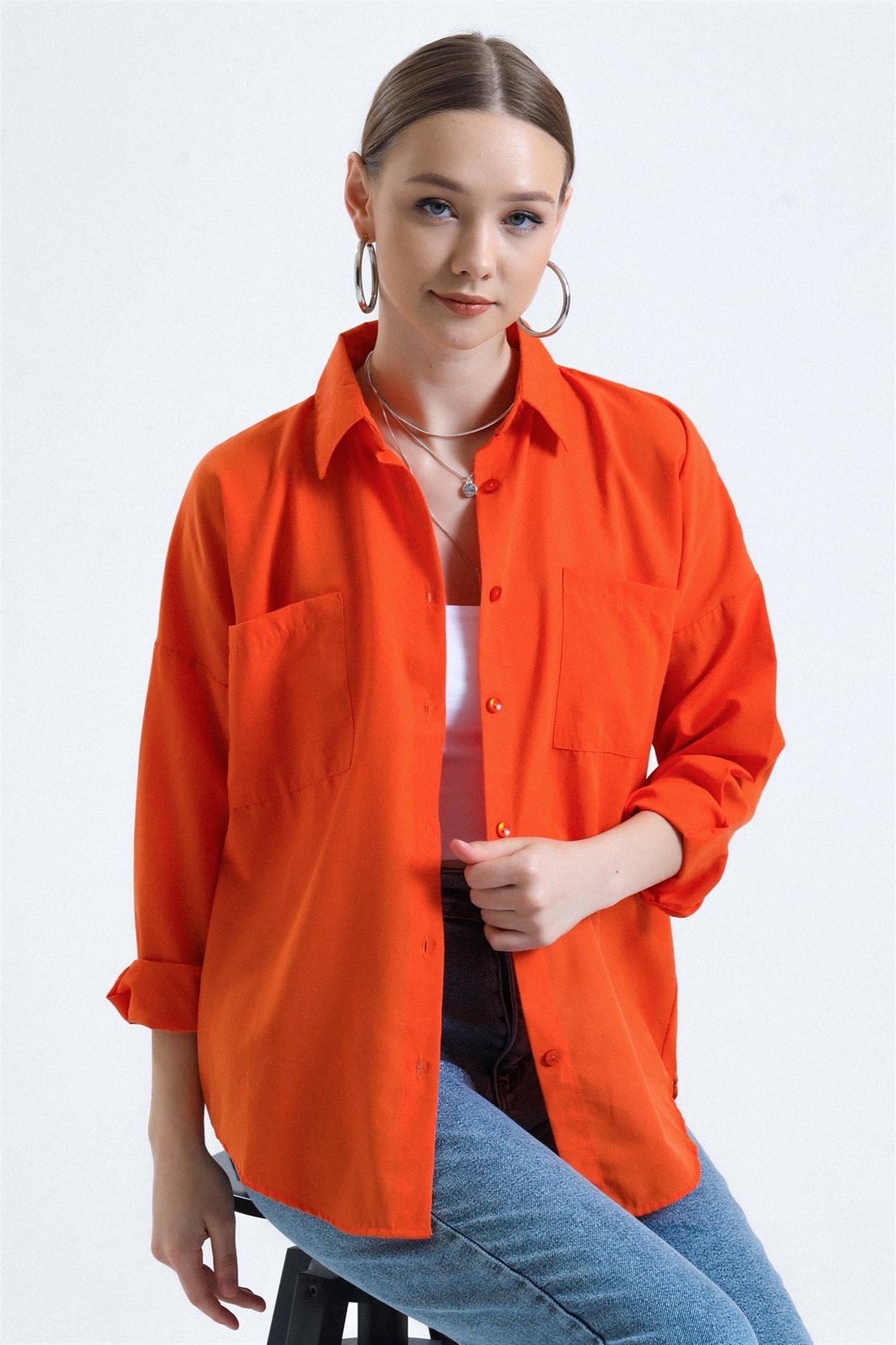 Çift Cepli Basic Oversize Poplin Gömlek - Turuncu