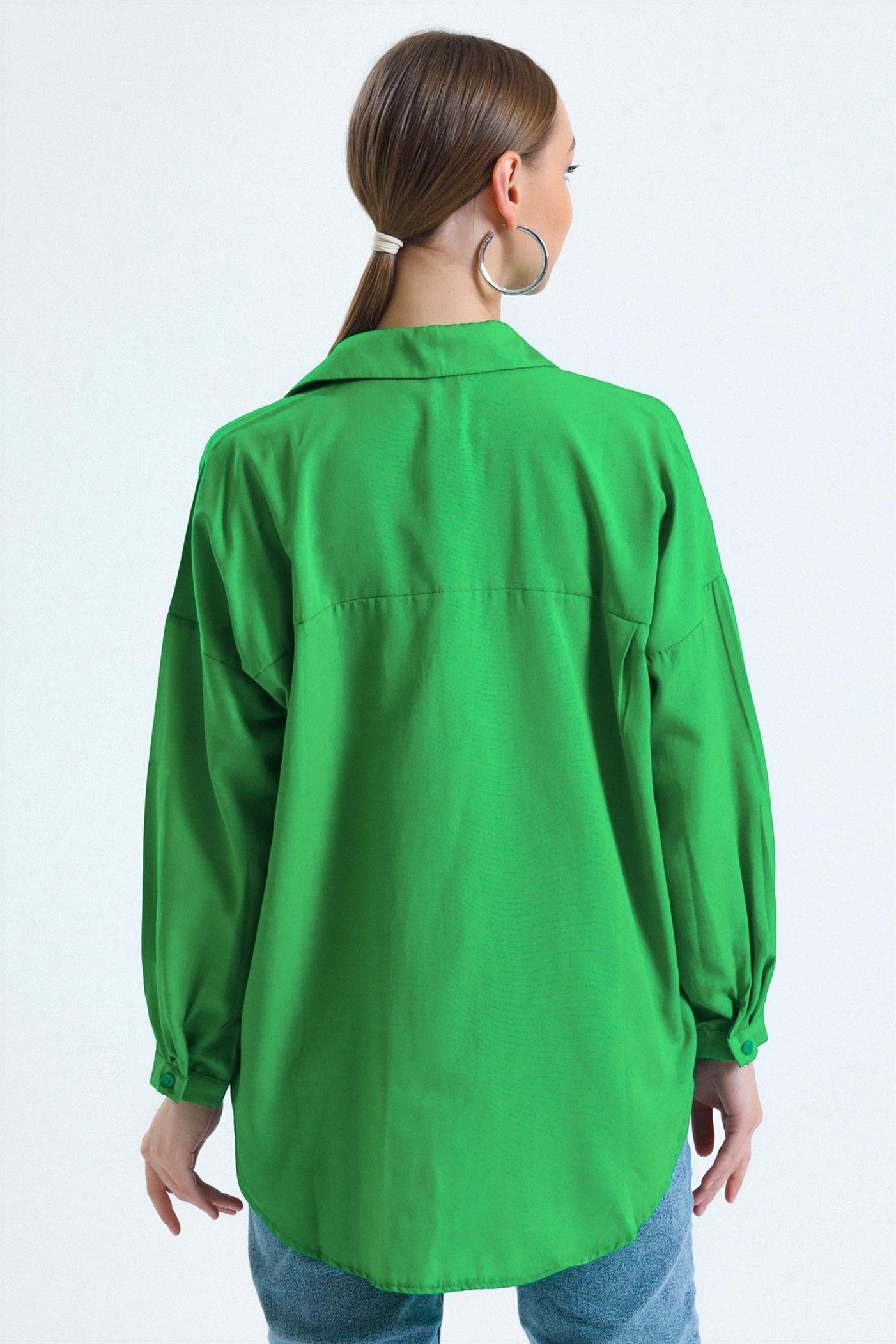 Çift Cepli Basic Oversize Poplin Gömlek - Yeşil