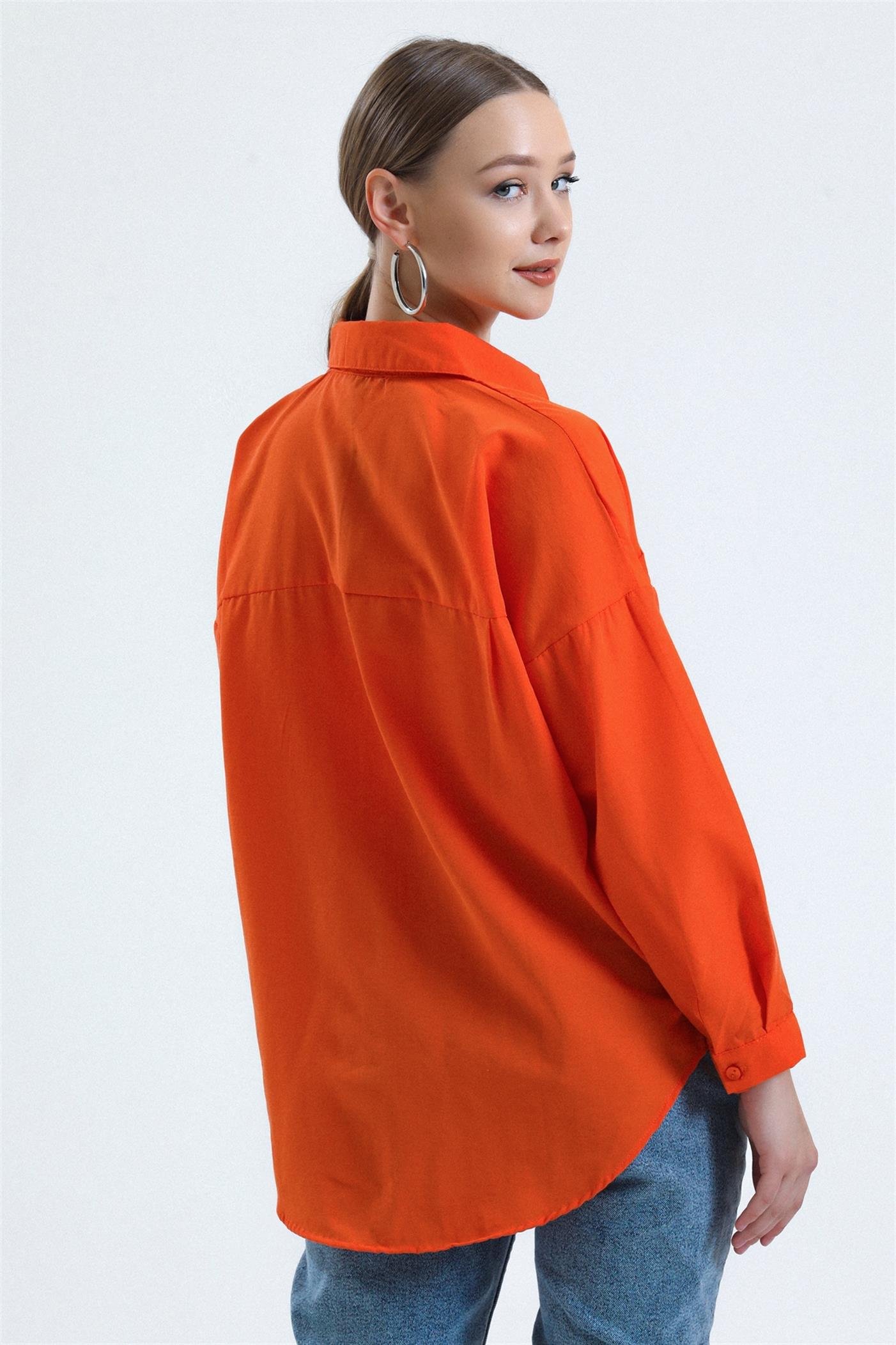 Çift Cepli Basic Oversize Poplin Gömlek - Turuncu
