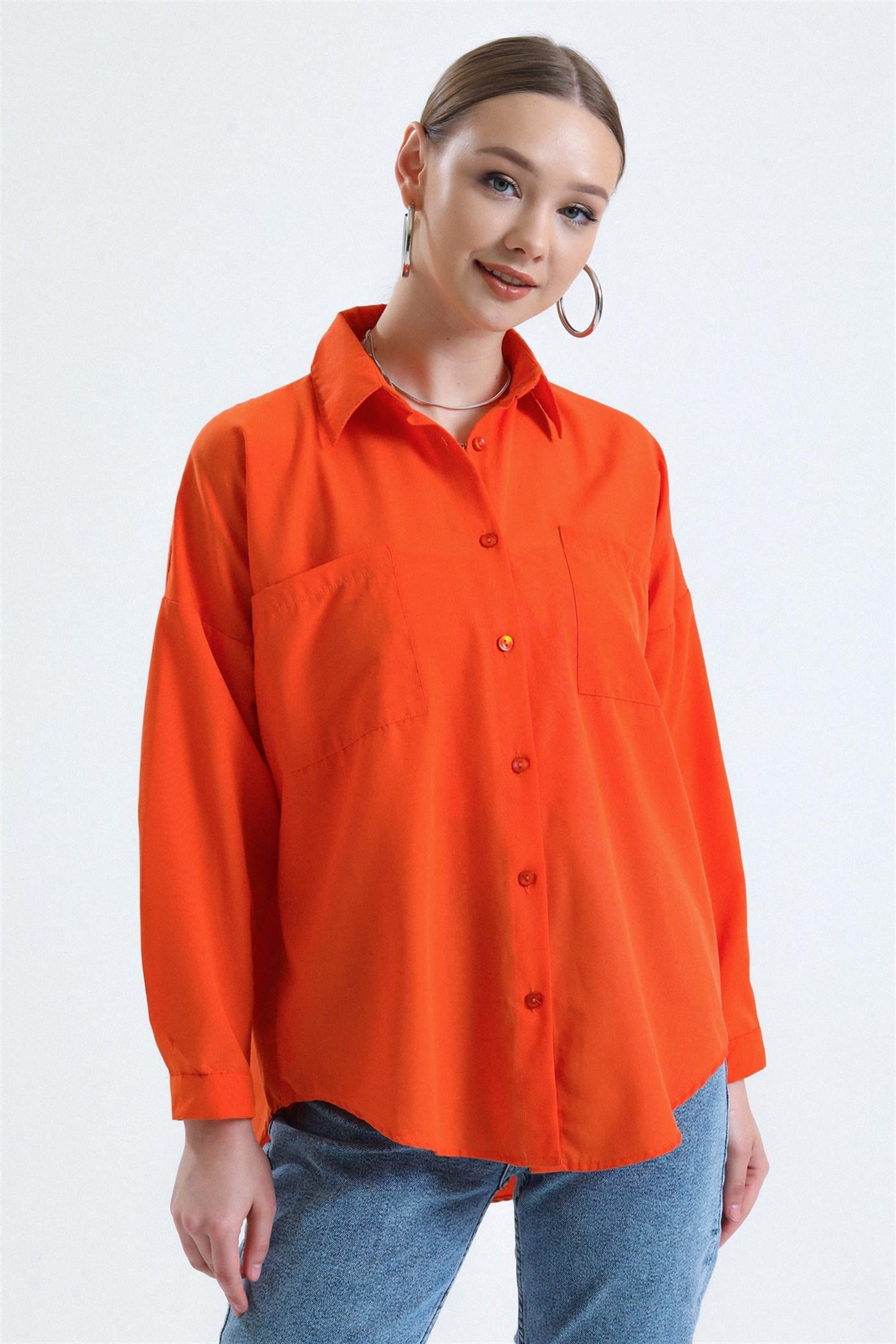 Çift Cepli Basic Oversize Poplin Gömlek - Turuncu