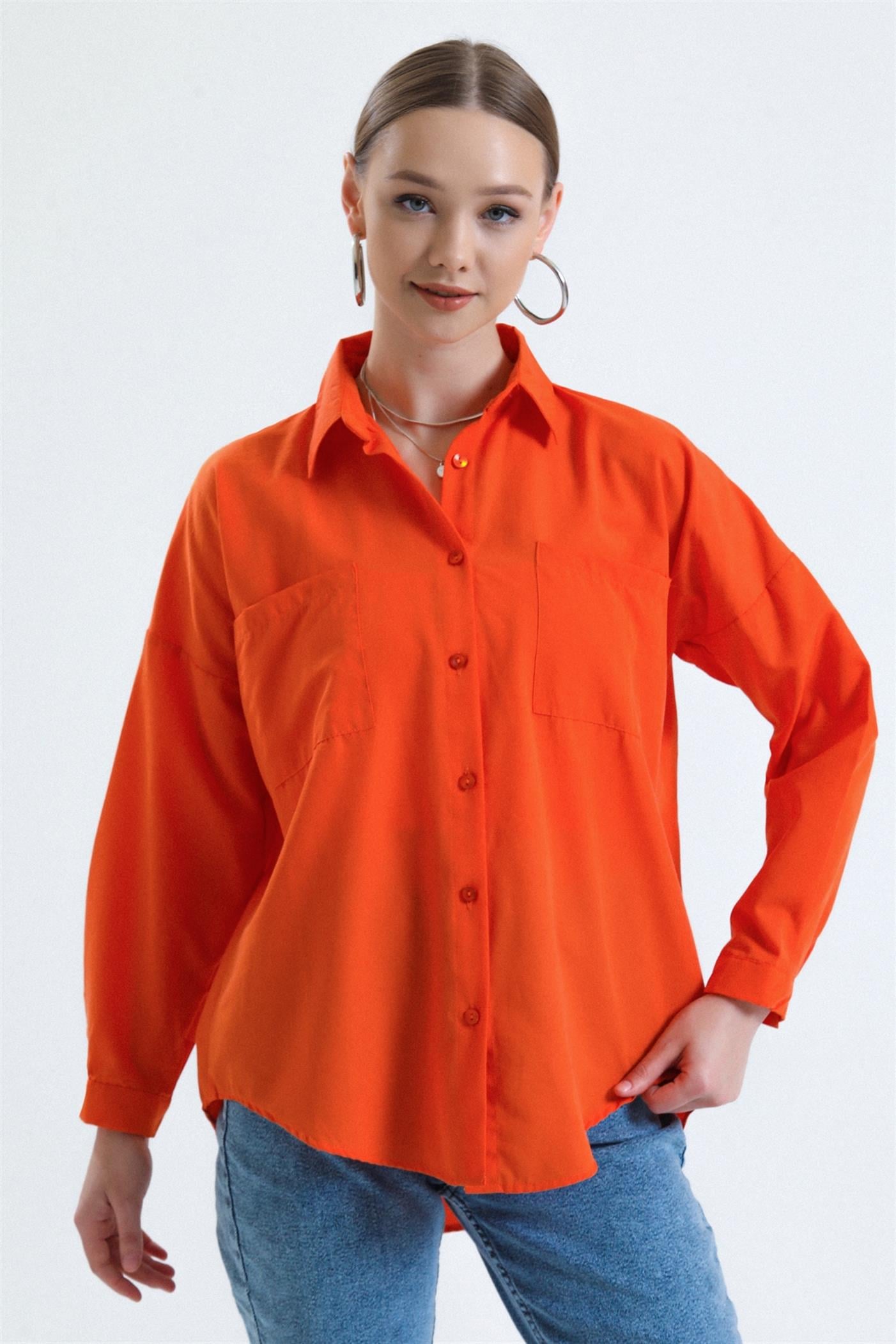 Çift Cepli Basic Oversize Poplin Gömlek - Turuncu