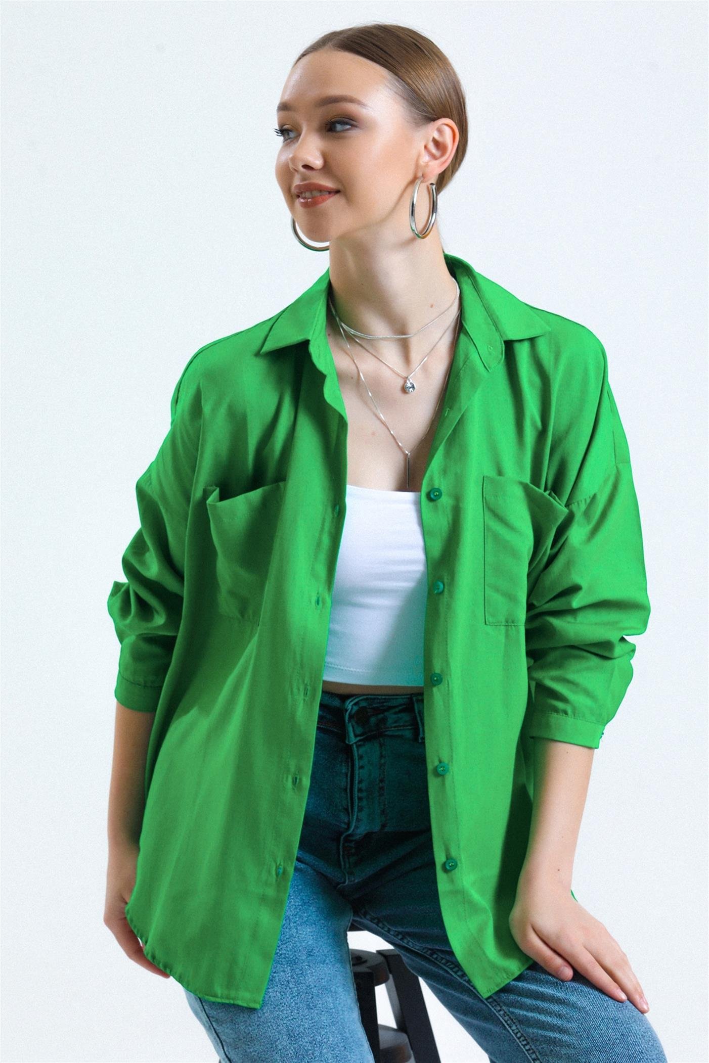 Çift Cepli Basic Oversize Poplin Gömlek - Yeşil