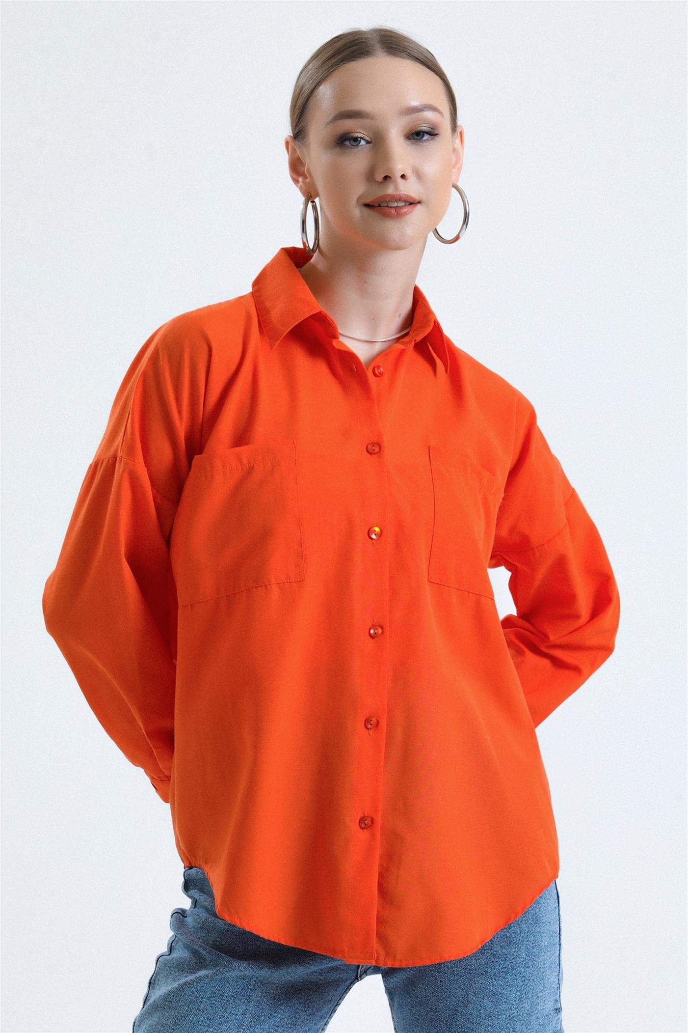 Çift Cepli Basic Oversize Poplin Gömlek - Turuncu