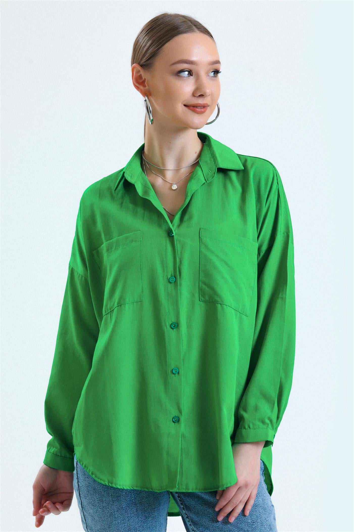 Çift Cepli Basic Oversize Poplin Gömlek - Yeşil
