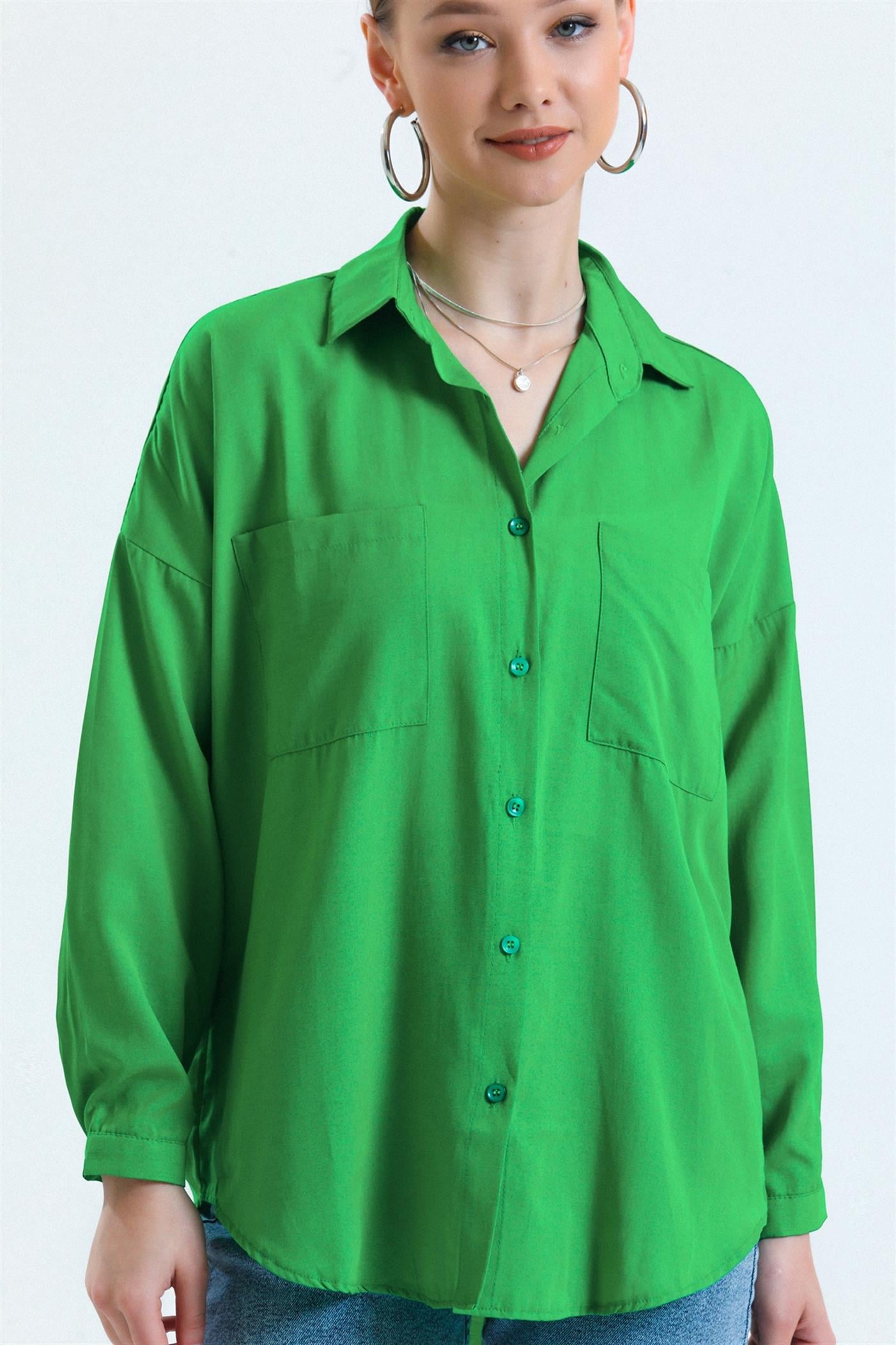 Çift Cepli Basic Oversize Poplin Gömlek - Yeşil
