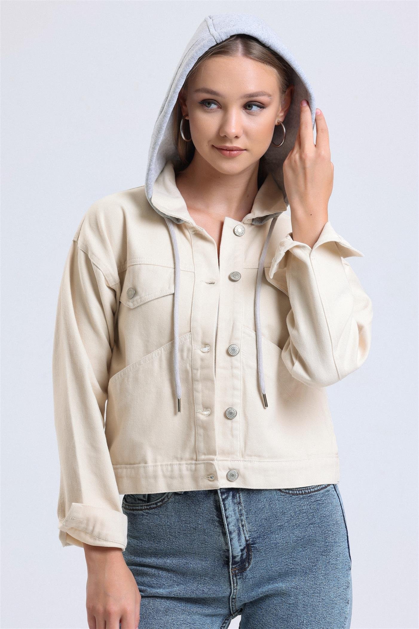 Çıkarılabilir Sweat Kapüşonlu Cepli Crop Denim Ceket - Taş
