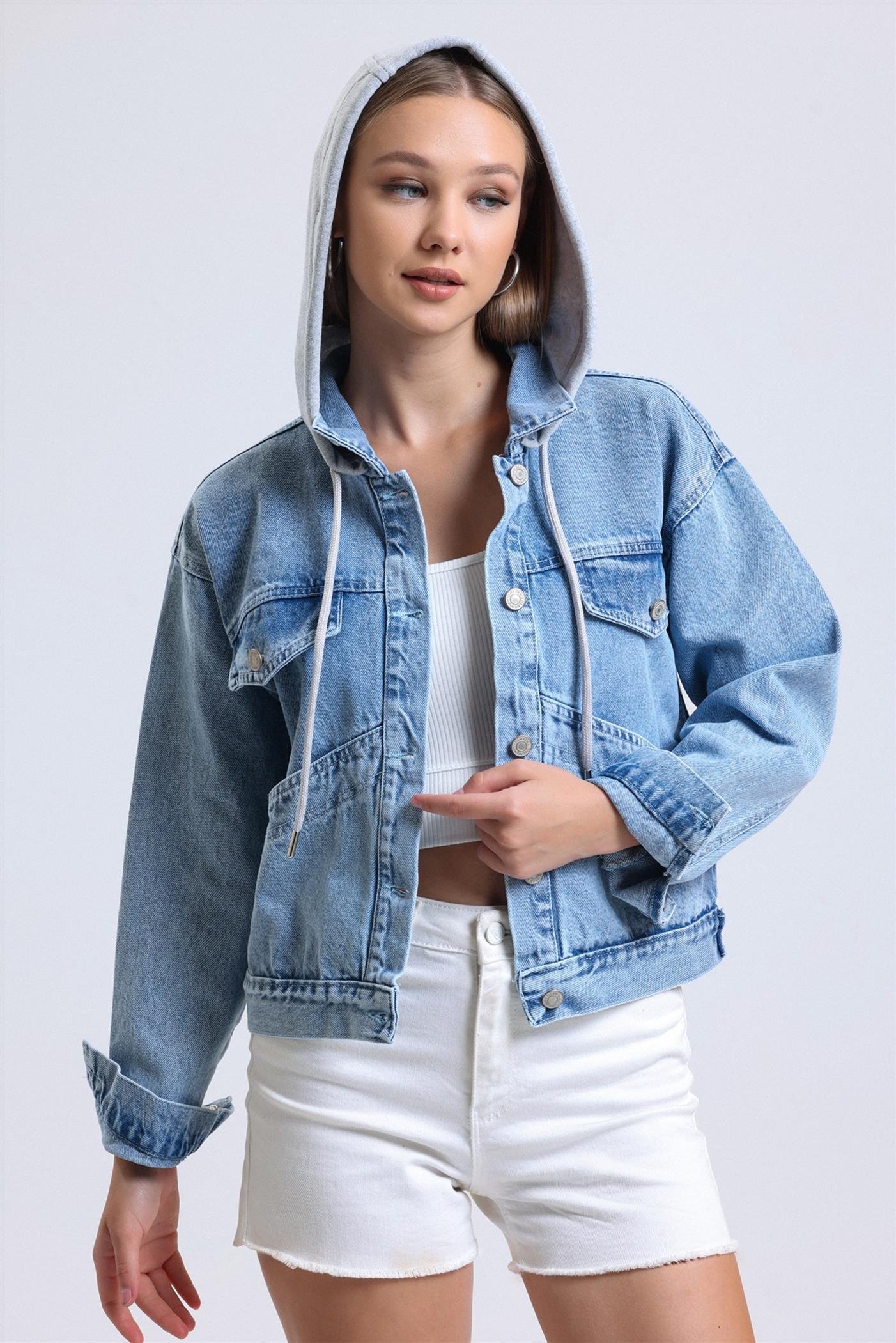 Çıkarılabilir Sweat Kapüşonlu Cepli Crop Denim Ceket - Mavi