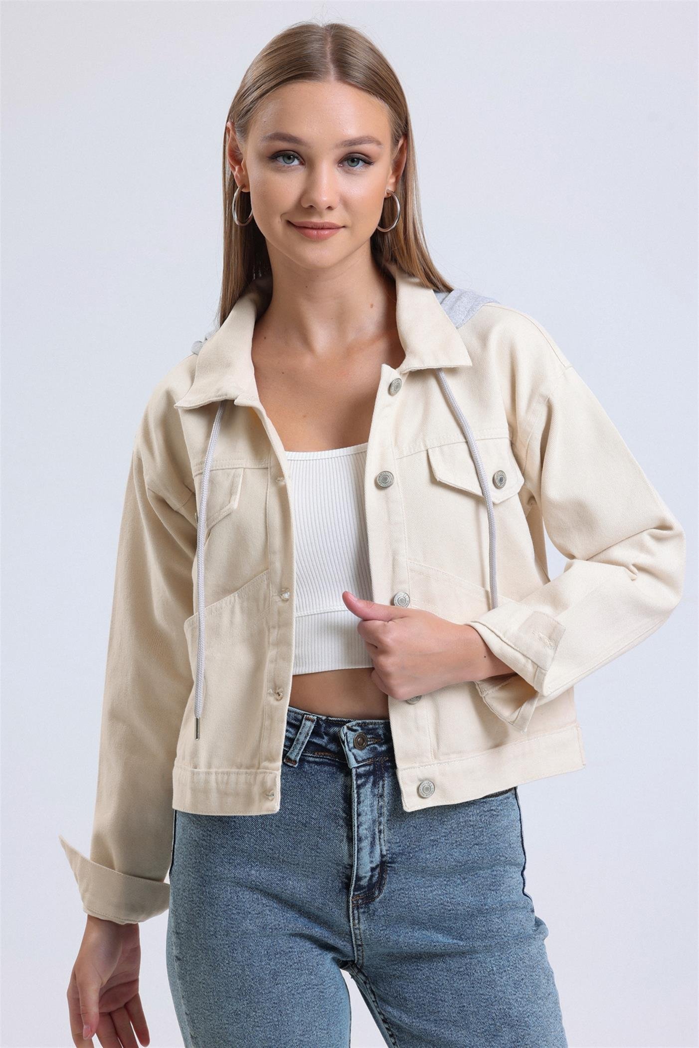 Çıkarılabilir Sweat Kapüşonlu Cepli Crop Denim Ceket - Taş