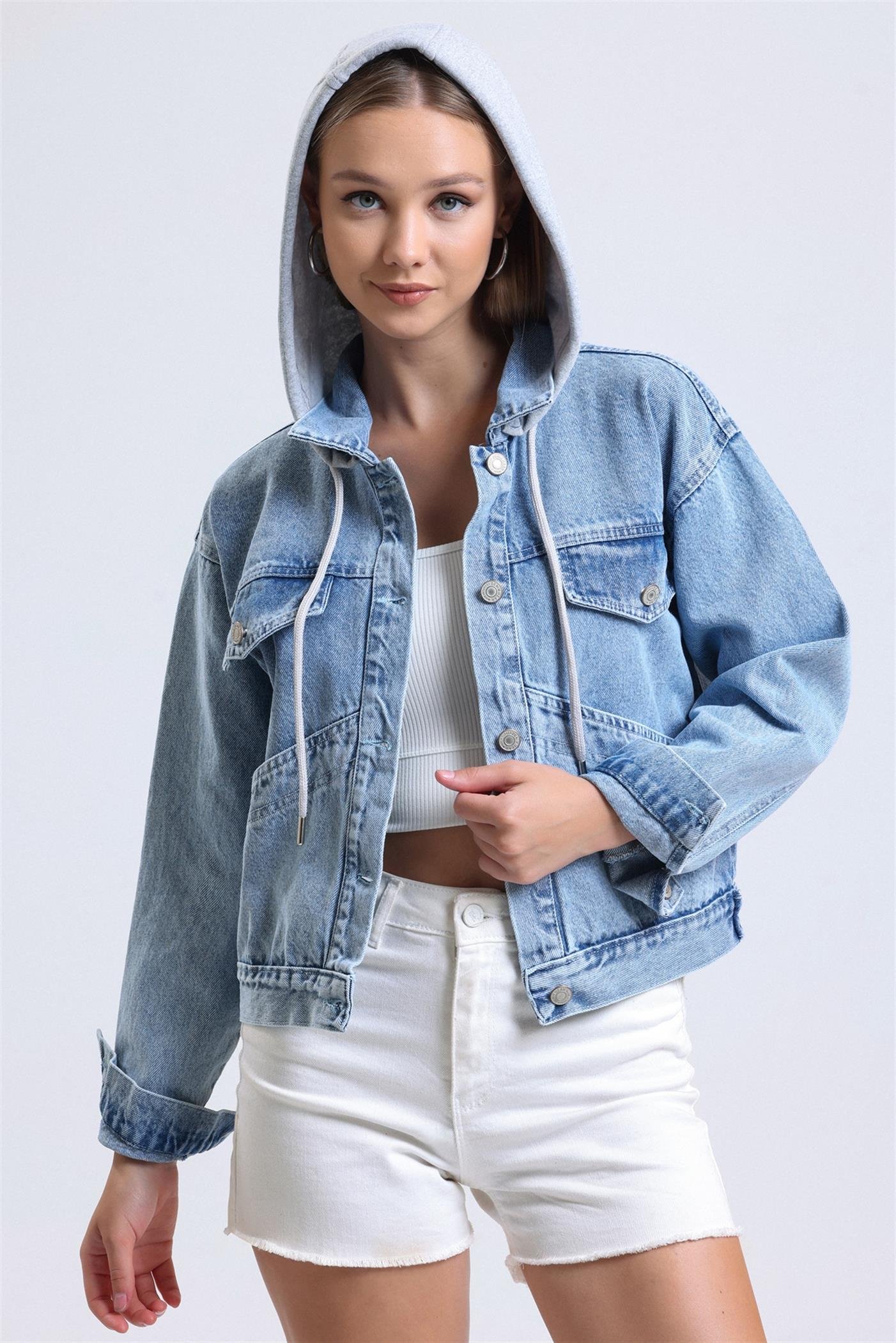 Çıkarılabilir Sweat Kapüşonlu Cepli Crop Denim Ceket - Mavi