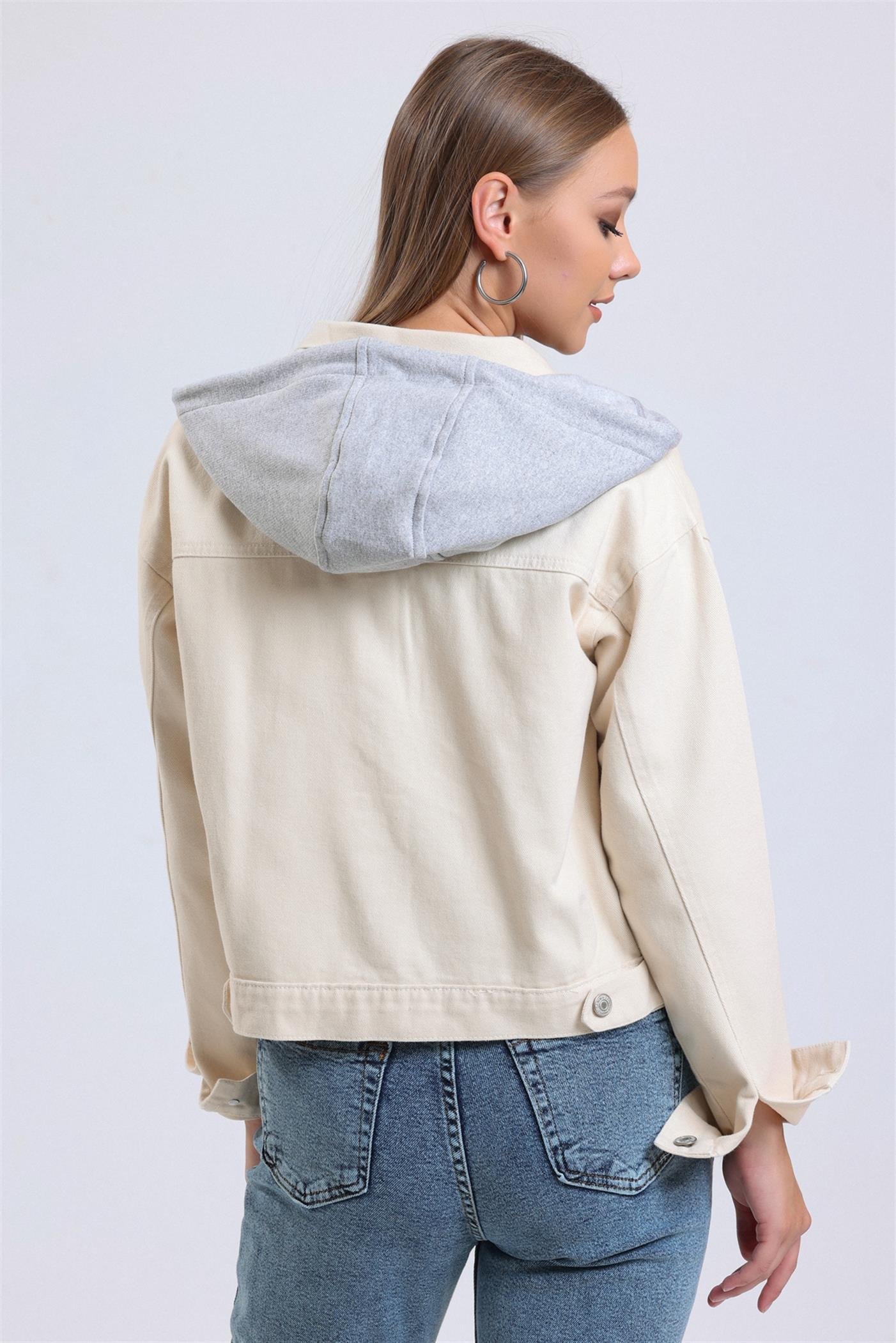 Çıkarılabilir Sweat Kapüşonlu Cepli Crop Denim Ceket - Taş