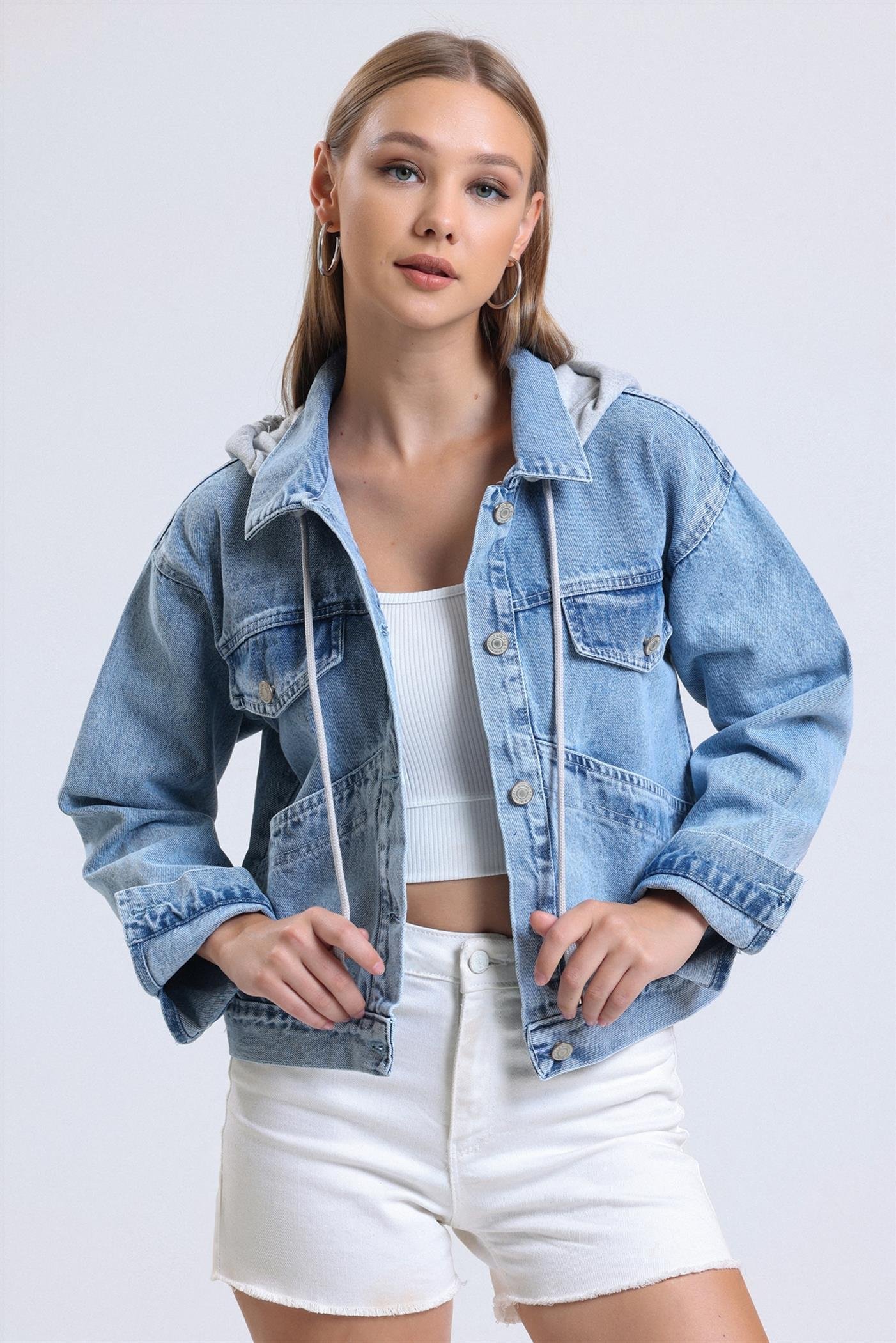 Çıkarılabilir Sweat Kapüşonlu Cepli Crop Denim Ceket - Mavi