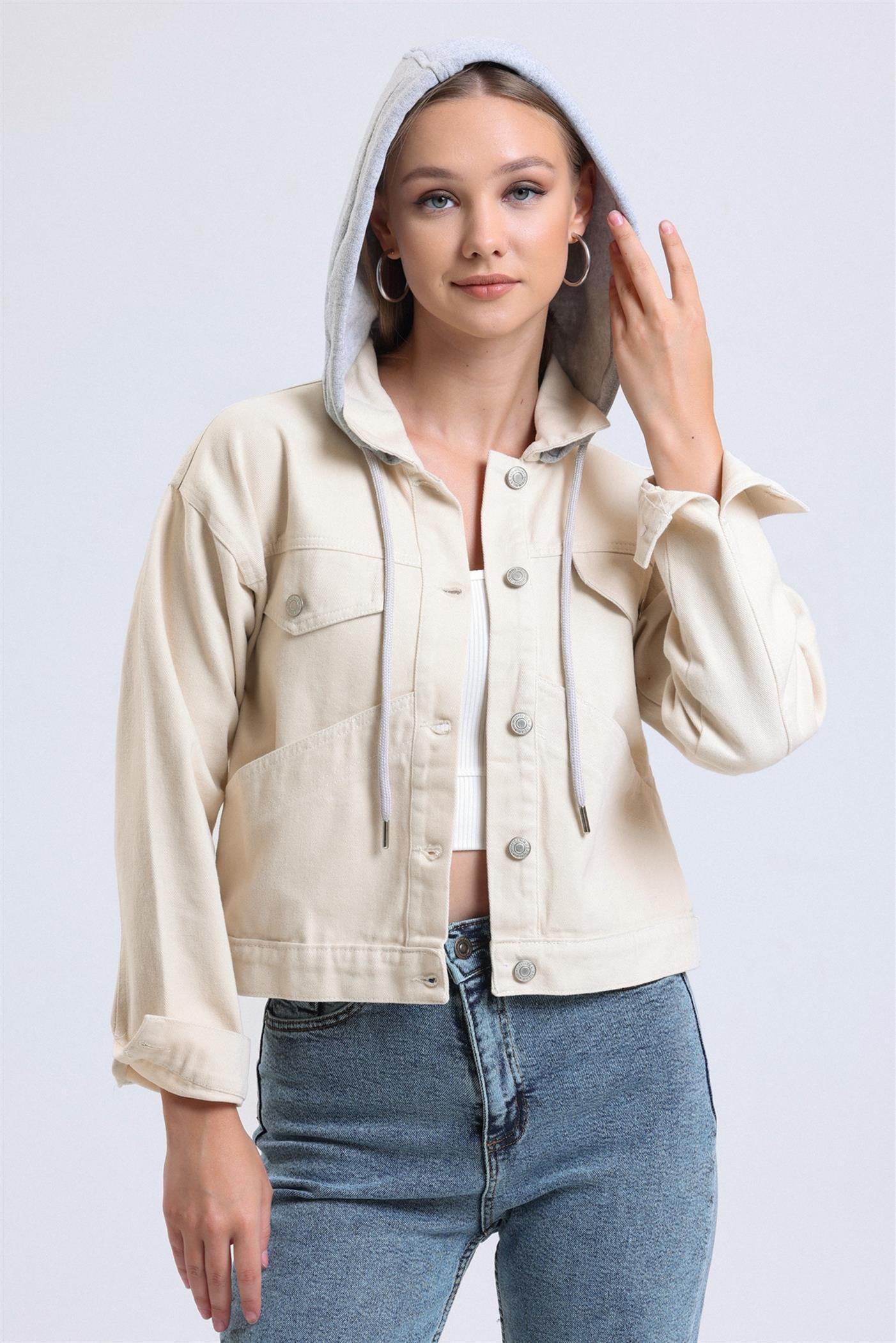 Çıkarılabilir Sweat Kapüşonlu Cepli Crop Denim Ceket - Taş