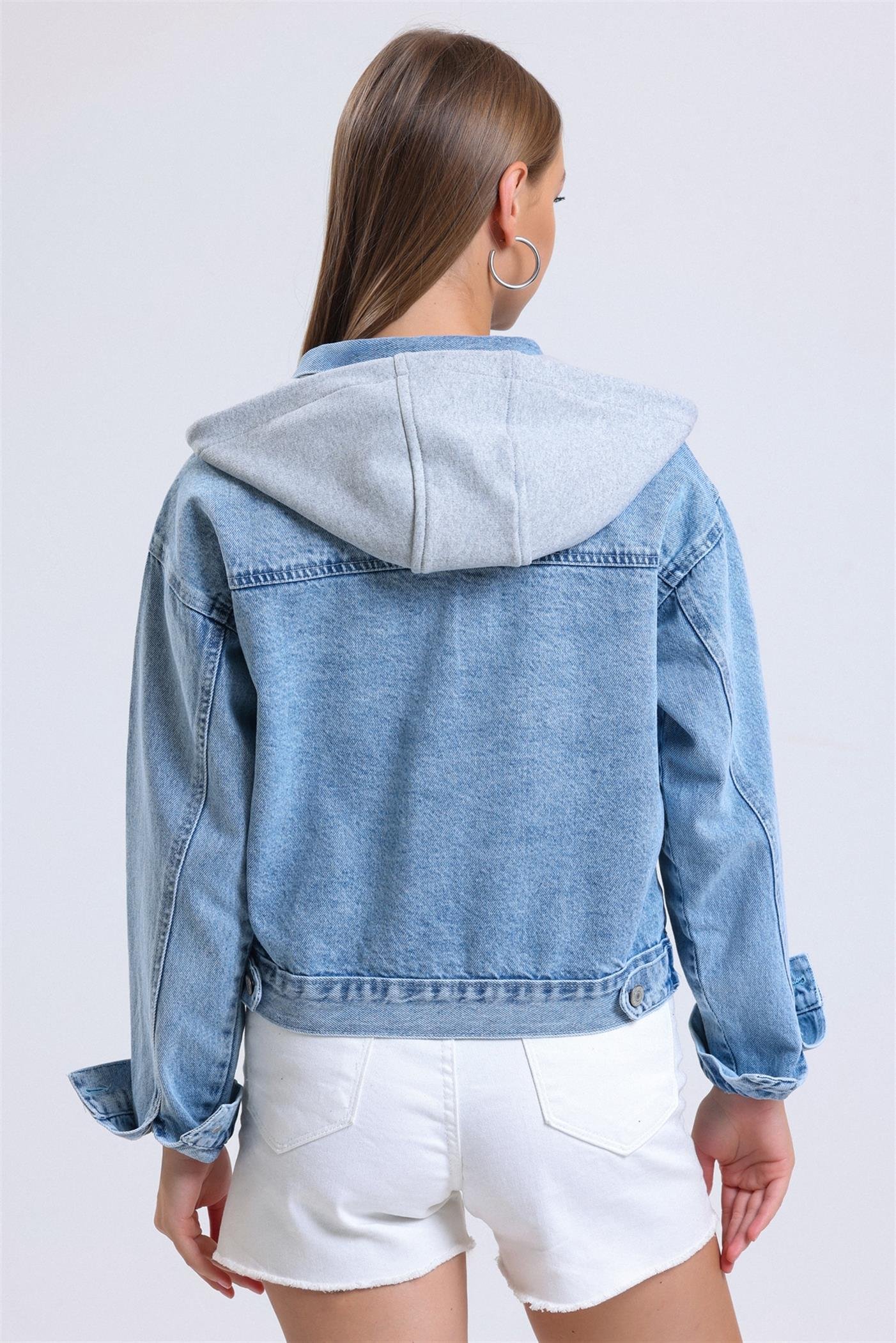 Çıkarılabilir Sweat Kapüşonlu Cepli Crop Denim Ceket - Mavi