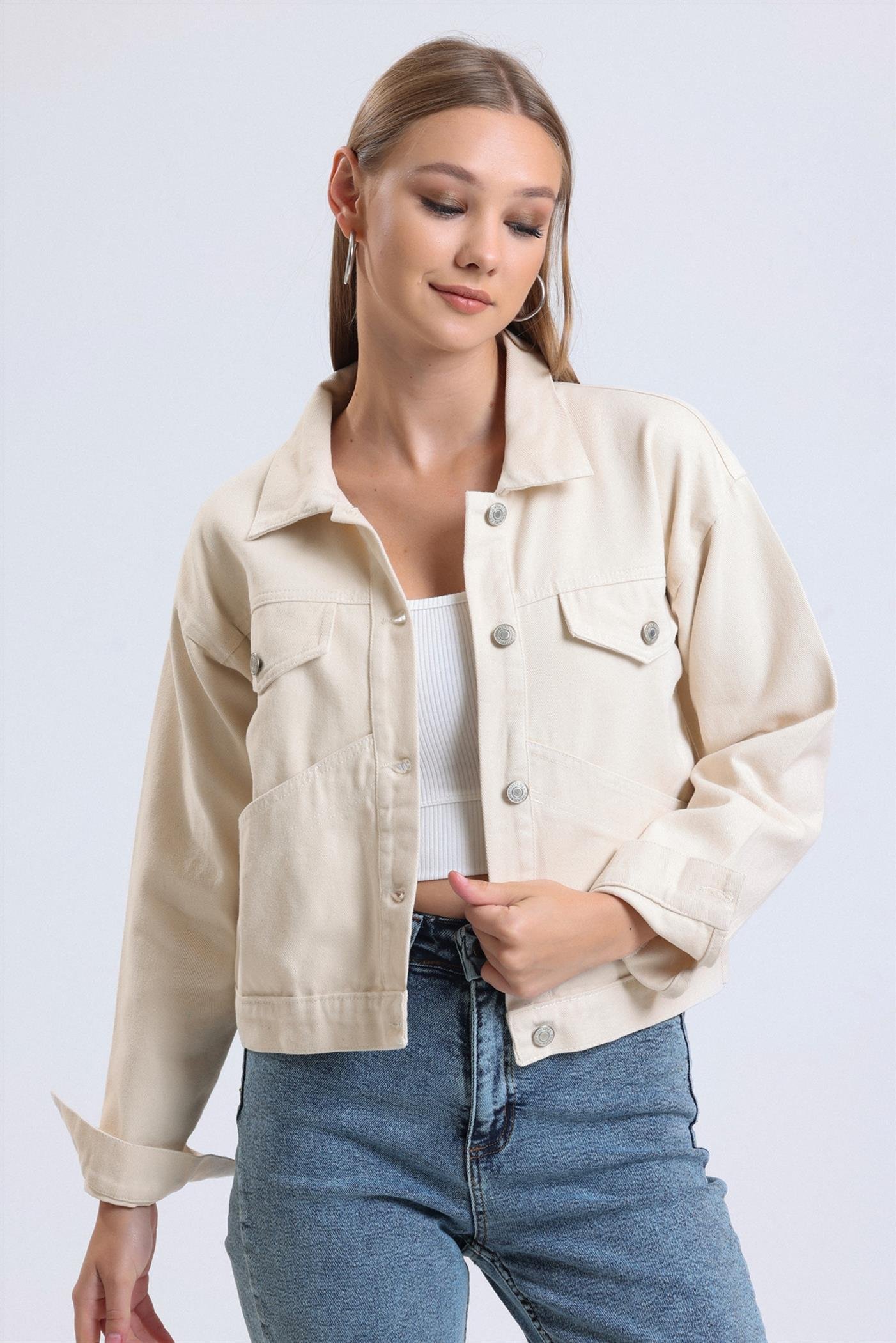 Çıkarılabilir Sweat Kapüşonlu Cepli Crop Denim Ceket - Taş