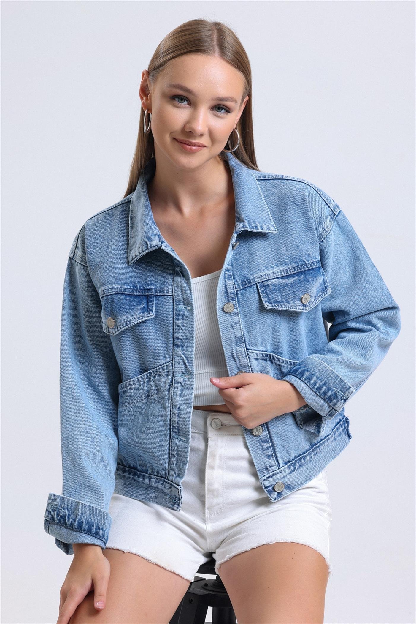 Çıkarılabilir Sweat Kapüşonlu Cepli Crop Denim Ceket - Mavi