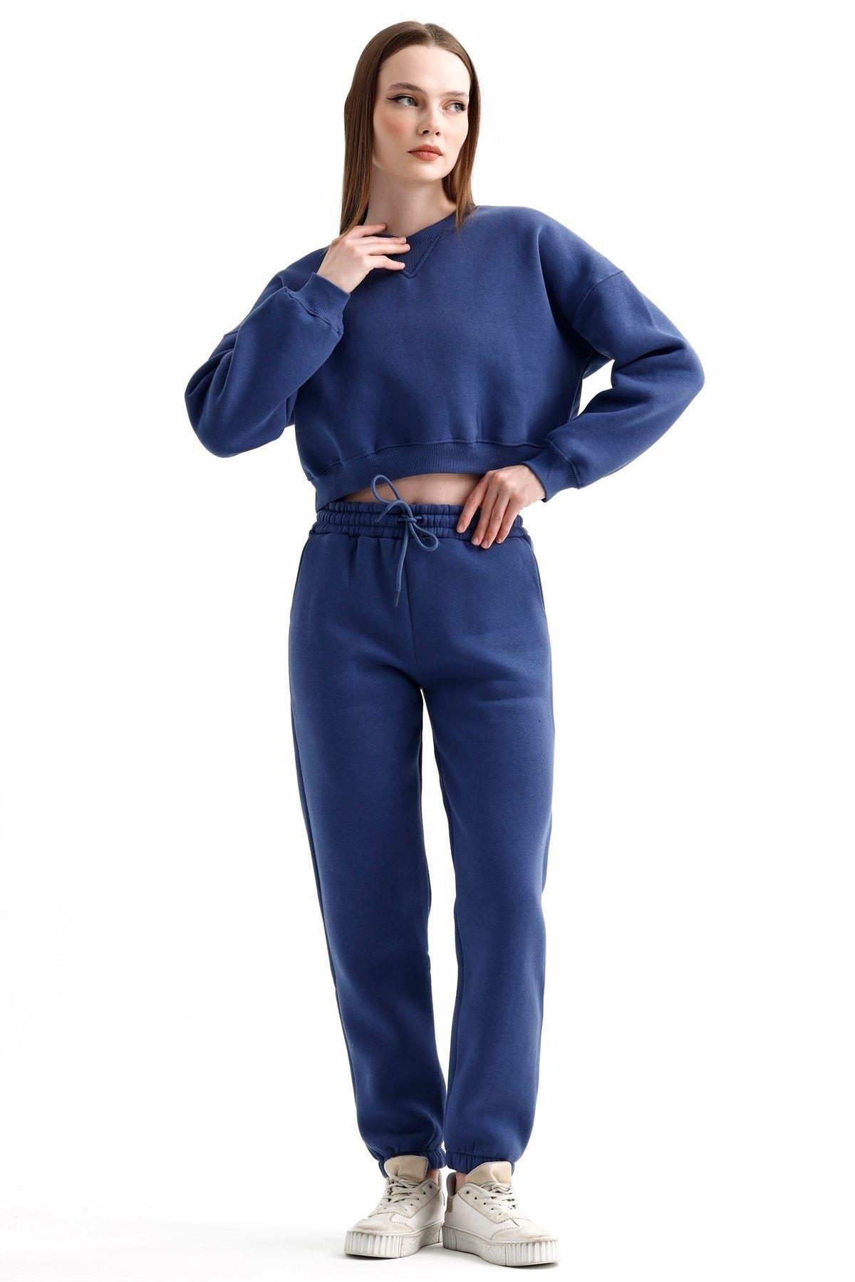 Crop Sweatshirt Ve Yüksek Bel Eşofman İçi Polarlı Üç İplik Takım - İndigo