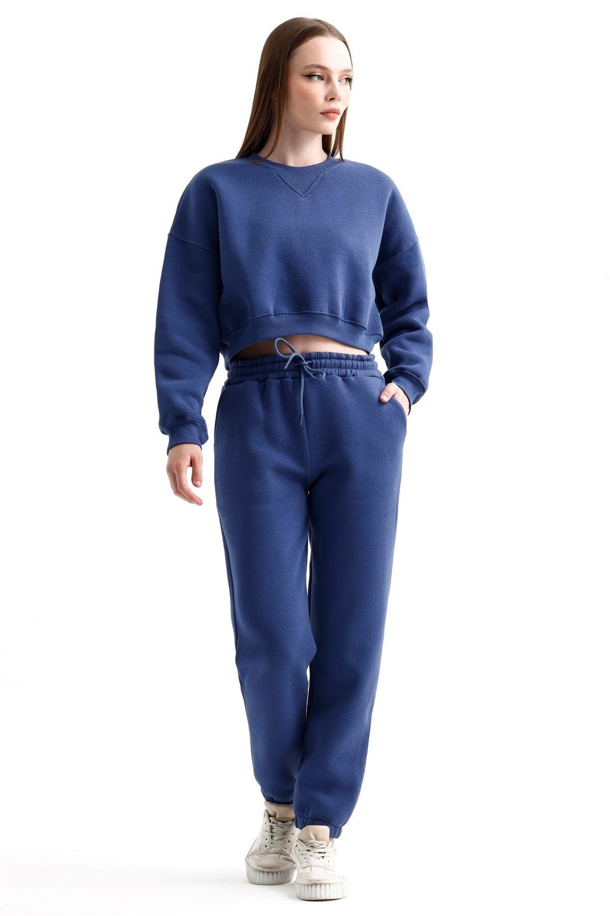 Crop Sweatshirt Ve Yüksek Bel Eşofman İçi Polarlı Üç İplik Takım - İndigo