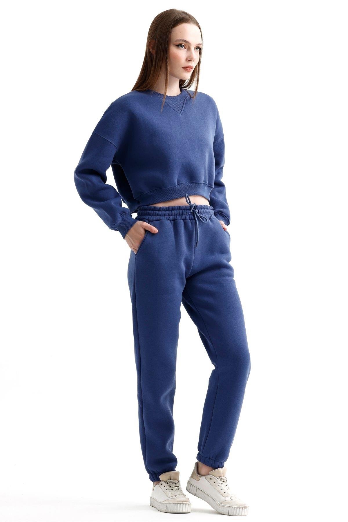Crop Sweatshirt Ve Yüksek Bel Eşofman İçi Polarlı Üç İplik Takım - İndigo