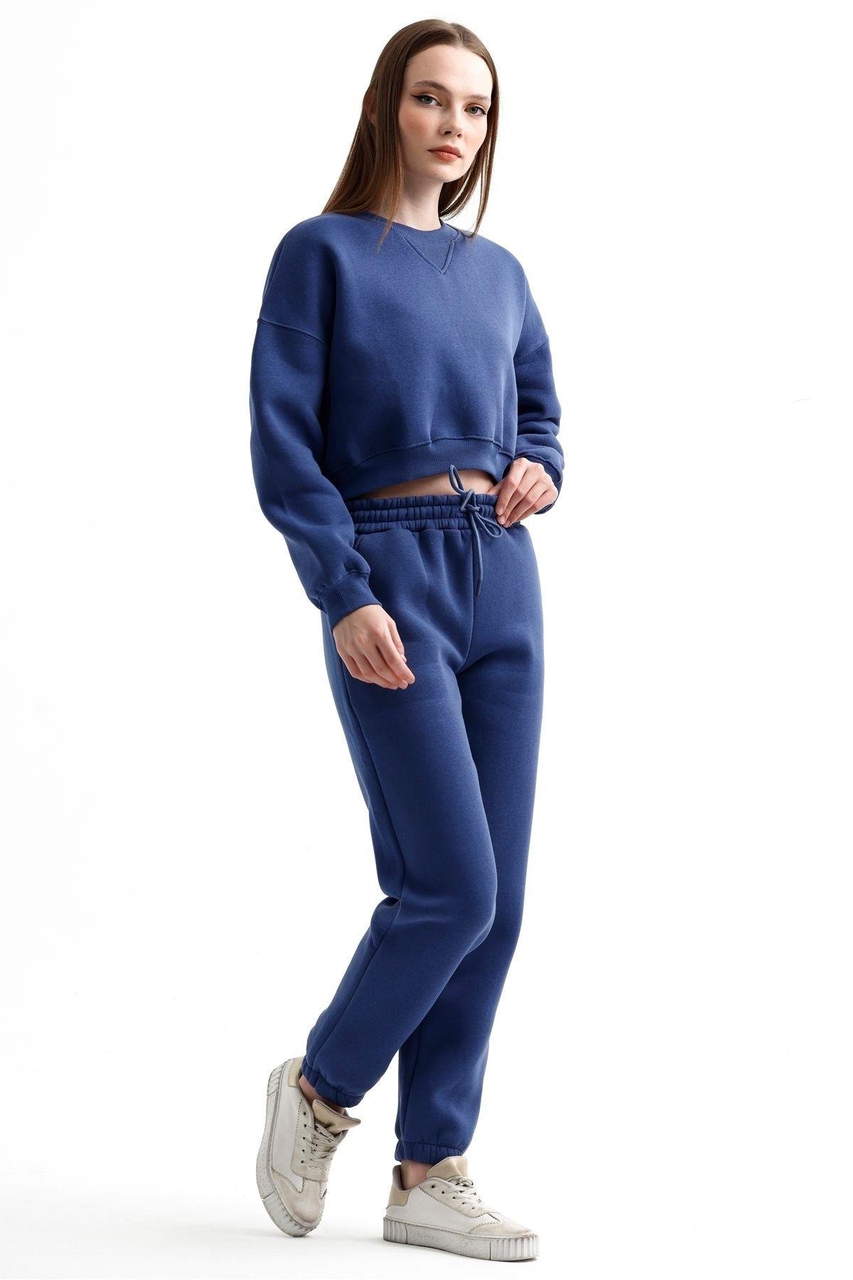 Crop Sweatshirt Ve Yüksek Bel Eşofman İçi Polarlı Üç İplik Takım - İndigo