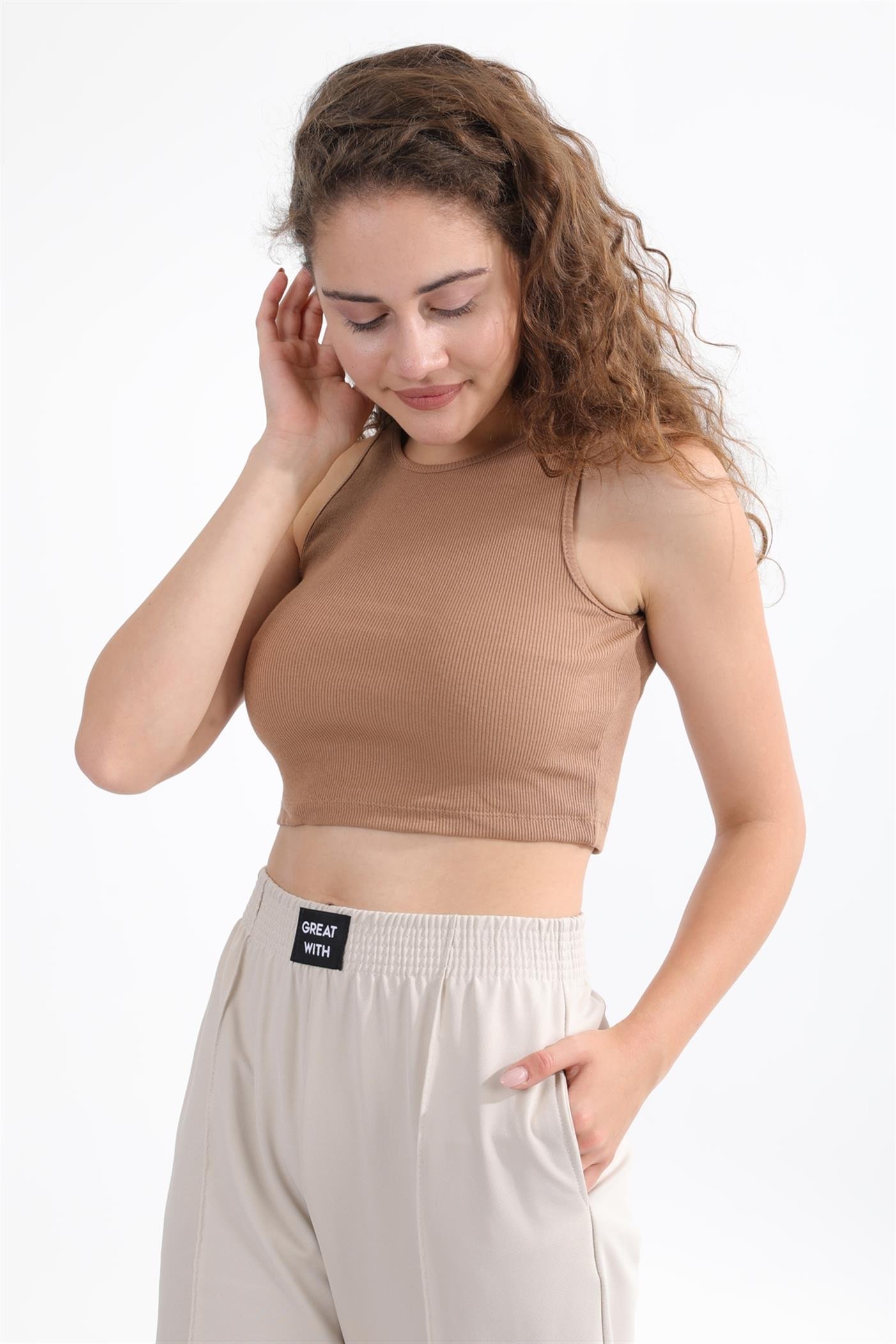 Fitilli Askılı Crop Örme Atlet - Bisküvi