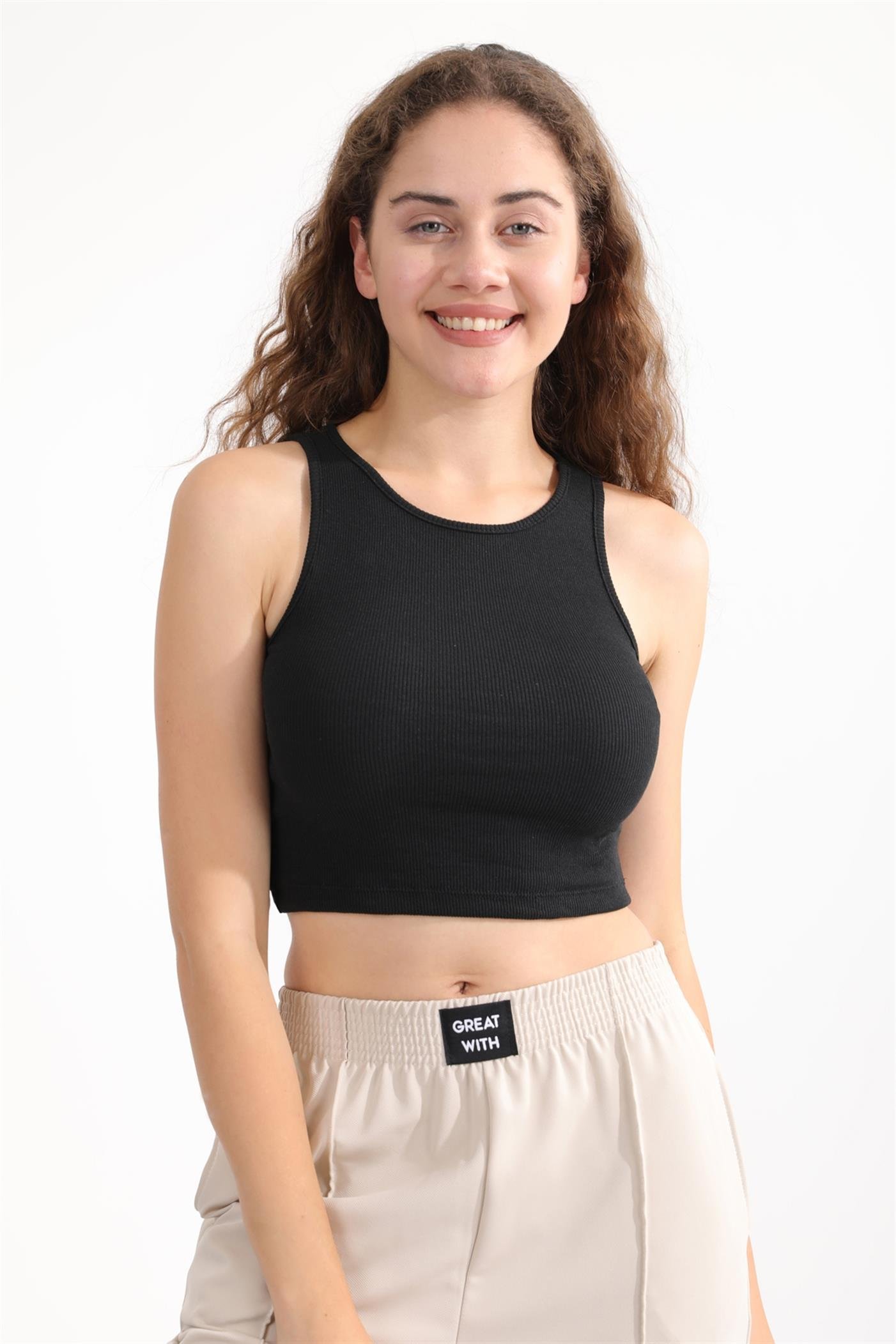 Fitilli Askılı Crop Örme Atlet - Siyah