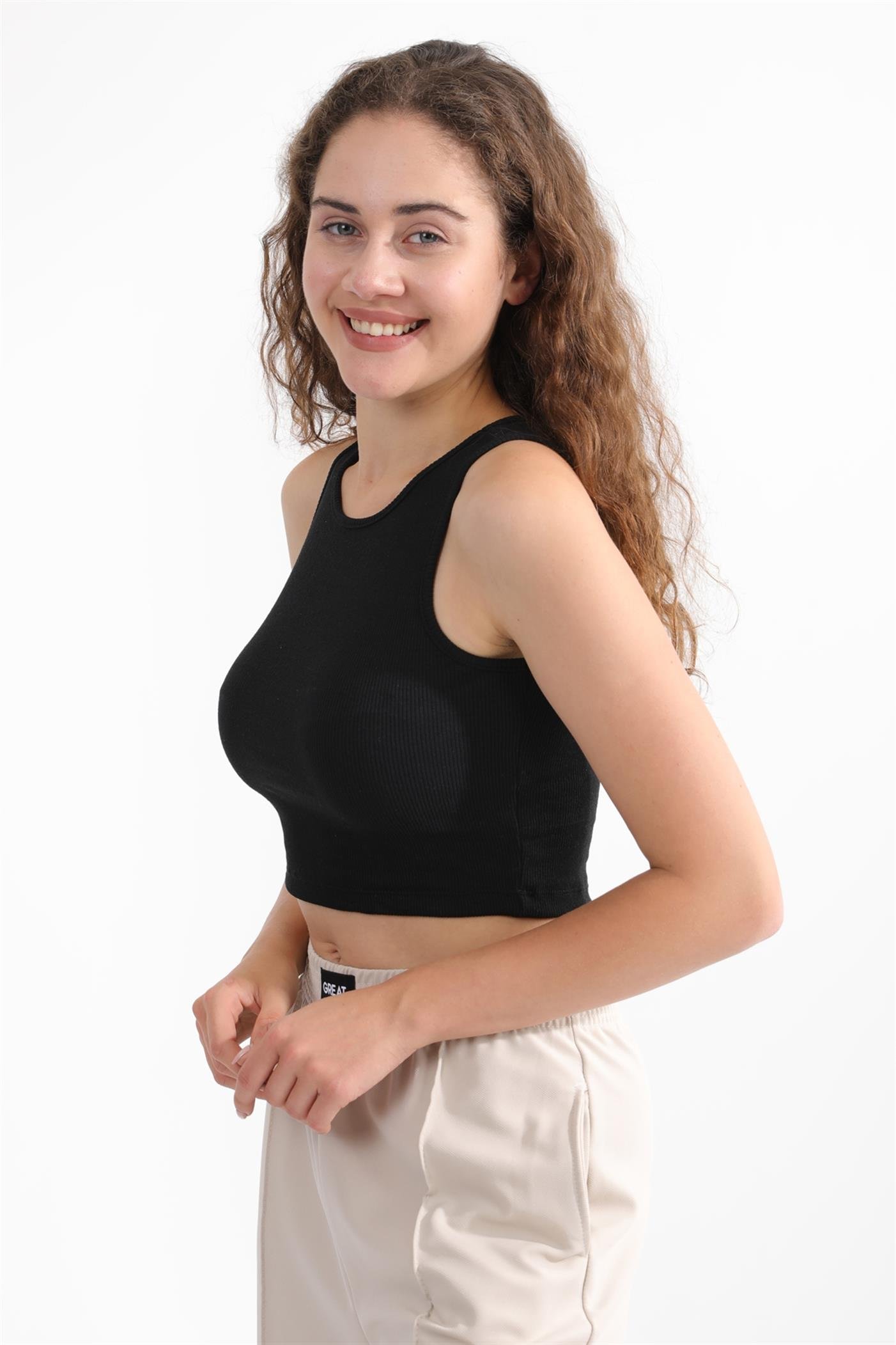 Fitilli Askılı Crop Örme Atlet - Siyah