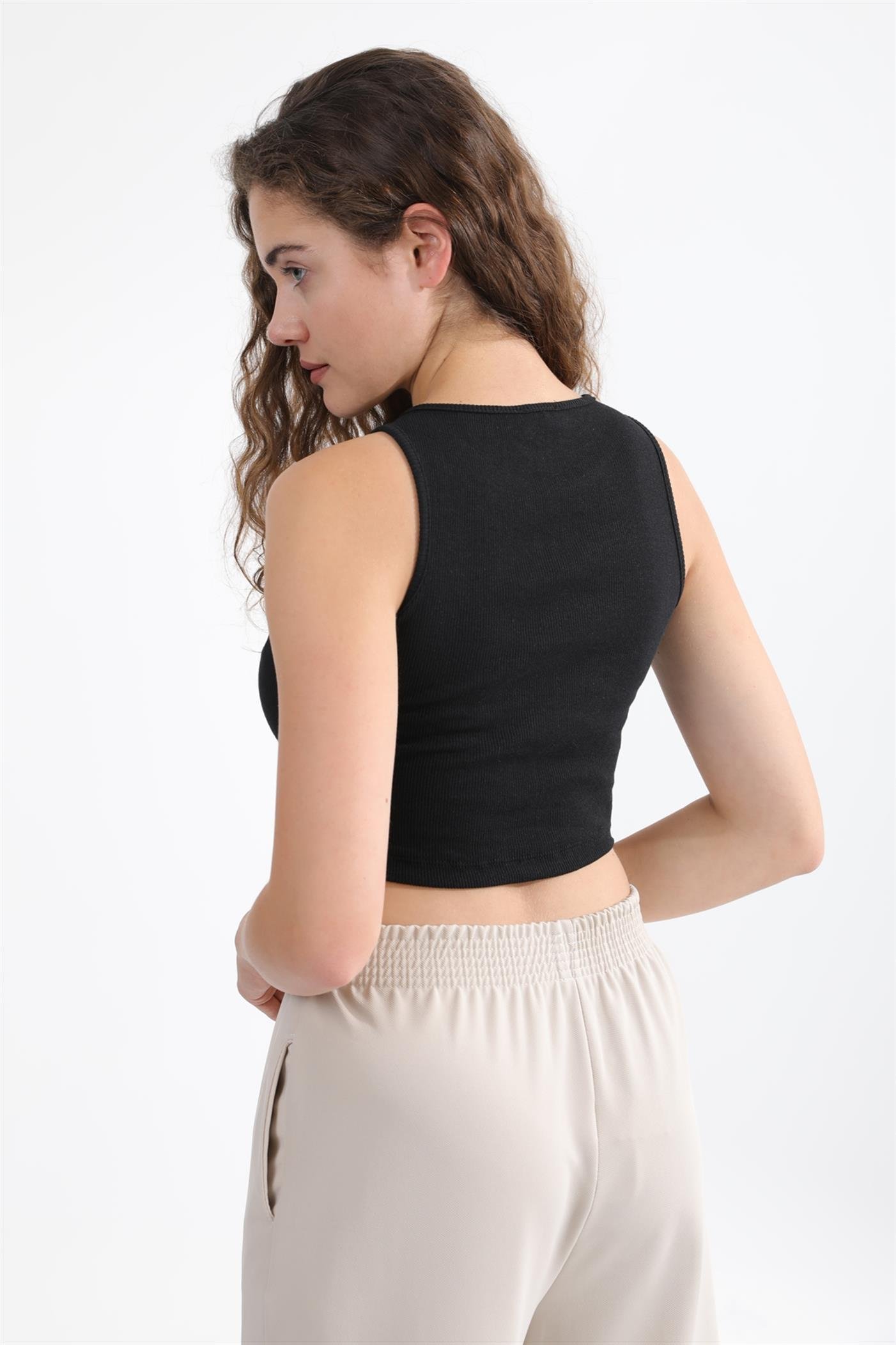 Fitilli Askılı Crop Örme Atlet - Siyah