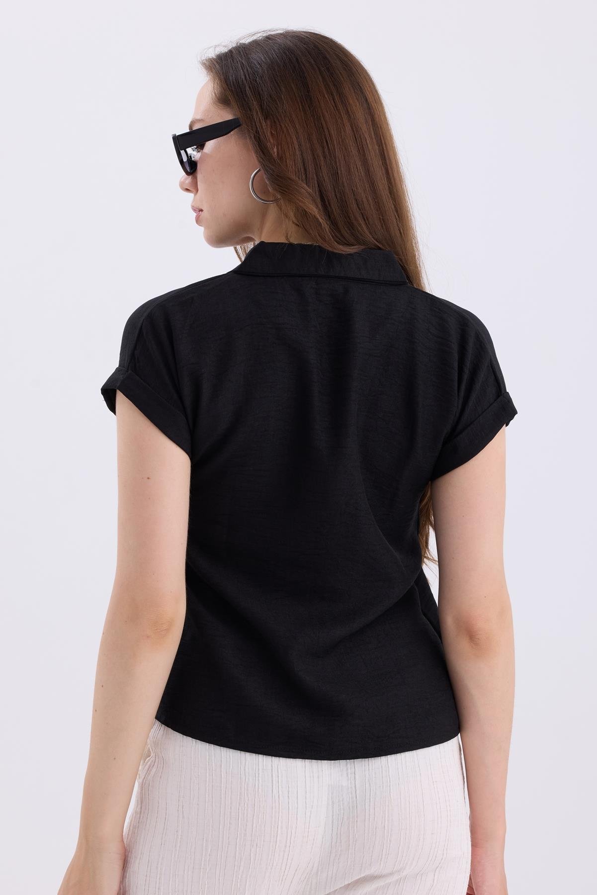 Gömlek V Yaka Duble Kol Kısa Kollu Keten Bluz - Siyah