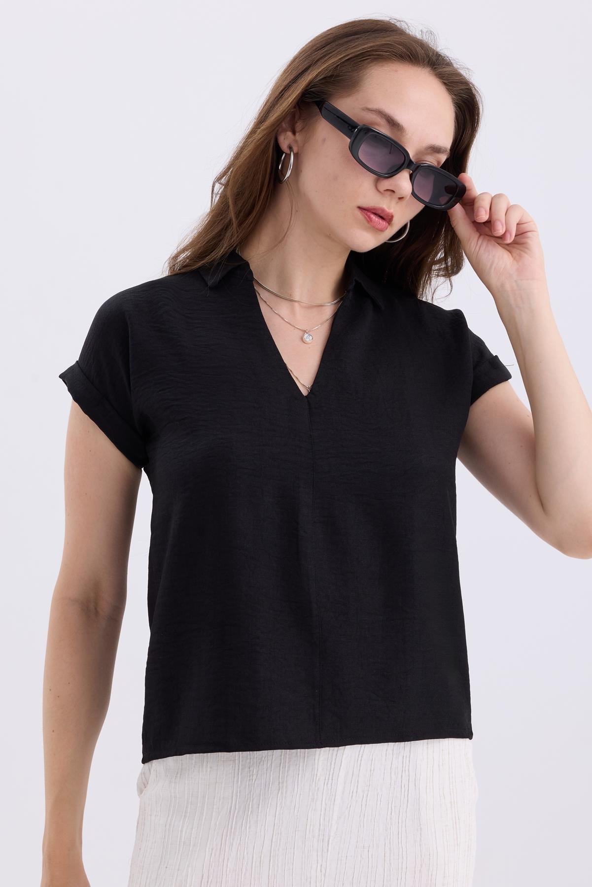 Gömlek V Yaka Duble Kol Kısa Kollu Keten Bluz - Siyah