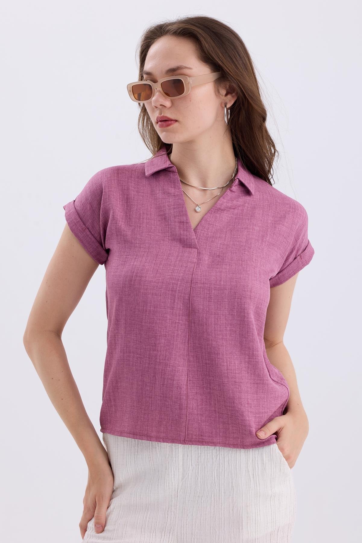 Gömlek V Yaka Duble Kol Kısa Kollu Keten Bluz - Gül Kurusu