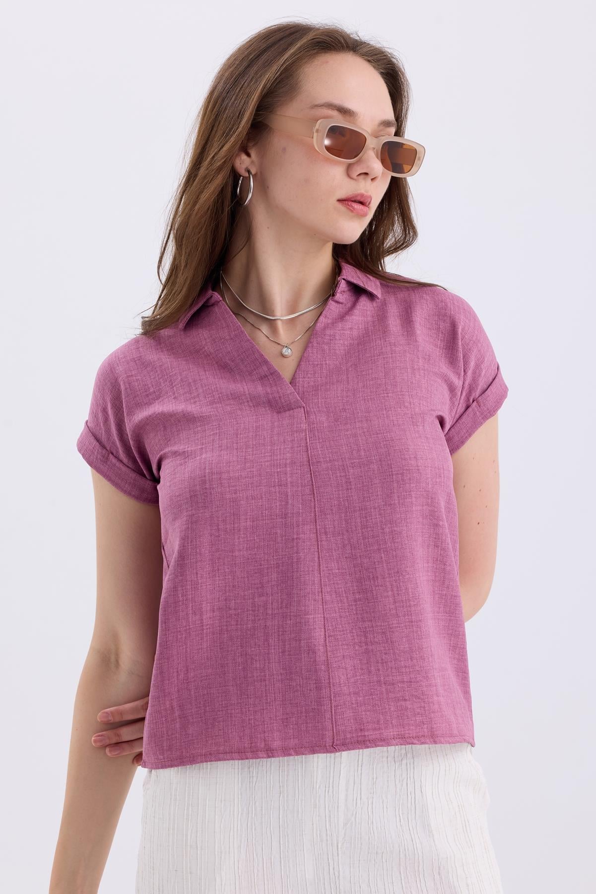 Gömlek V Yaka Duble Kol Kısa Kollu Keten Bluz - Gül Kurusu