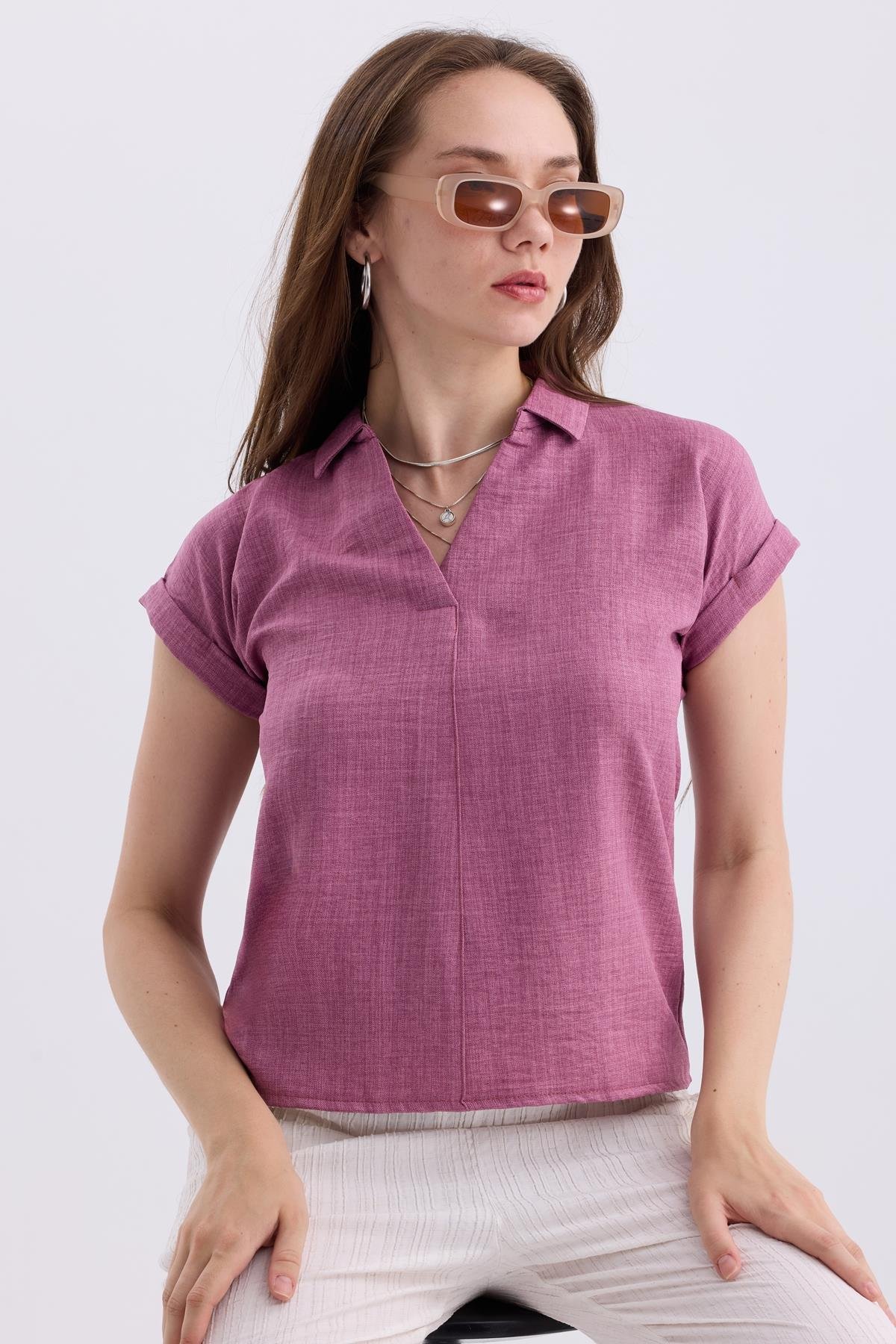 Gömlek V Yaka Duble Kol Kısa Kollu Keten Bluz - Gül Kurusu