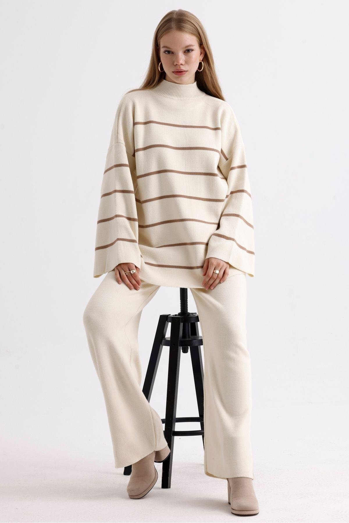 İspanyol Kollu Dik Yaka Kazak Pantolon İkili Triko Takım - Sütlü Kahve