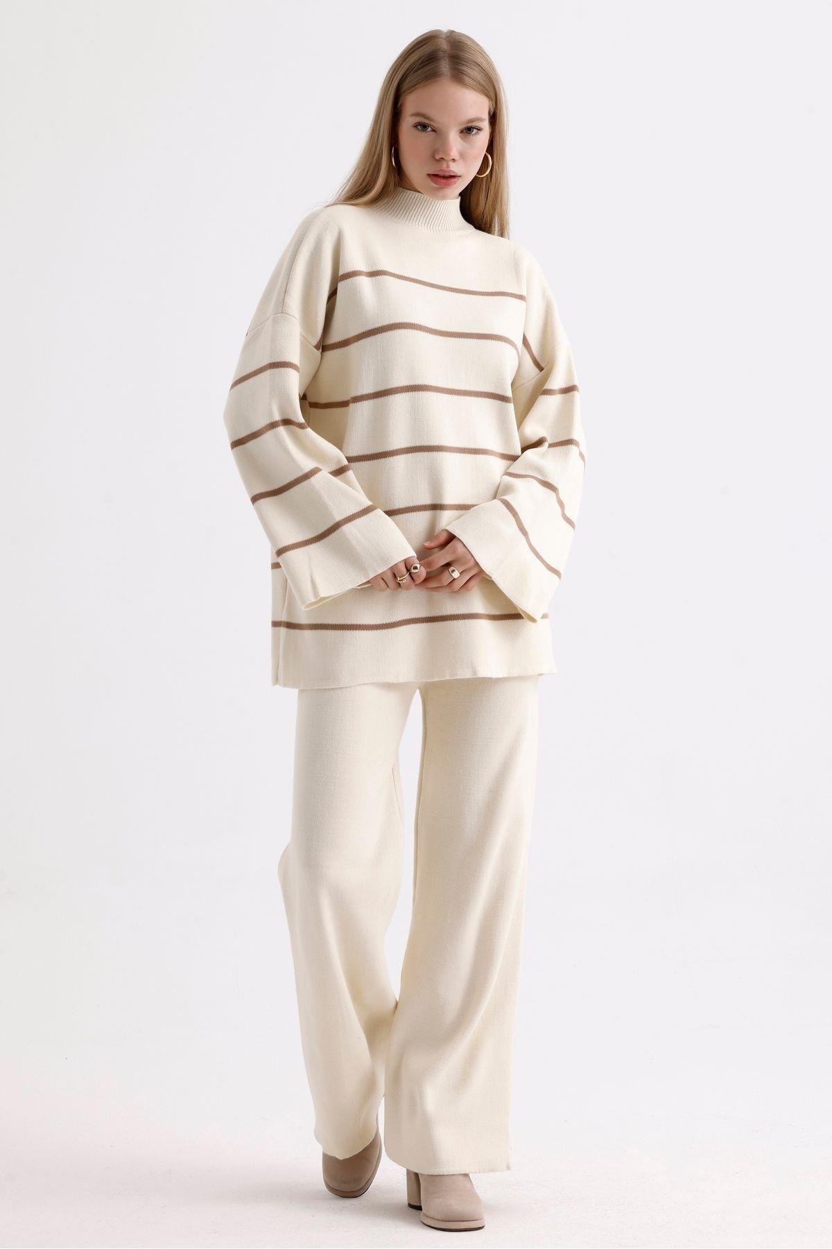İspanyol Kollu Dik Yaka Kazak Pantolon İkili Triko Takım - Sütlü Kahve