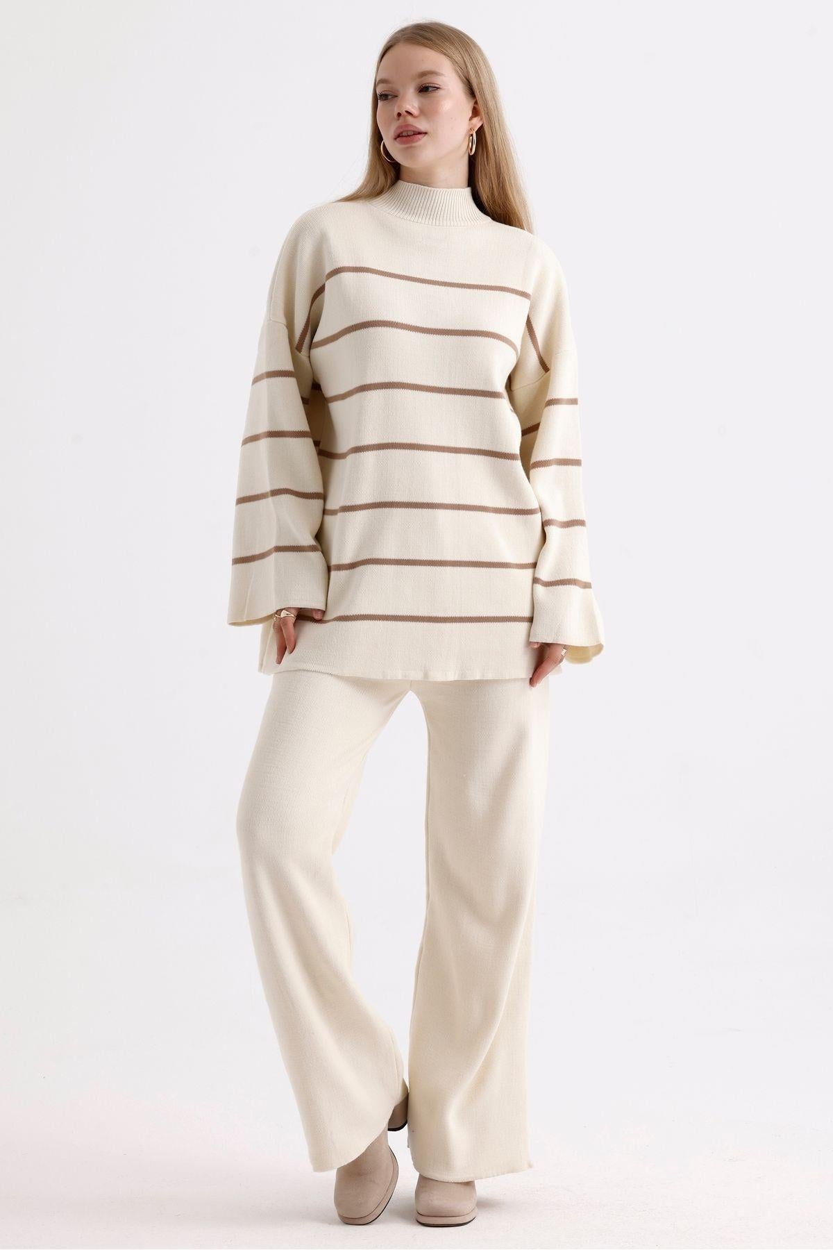 İspanyol Kollu Dik Yaka Kazak Pantolon İkili Triko Takım - Sütlü Kahve