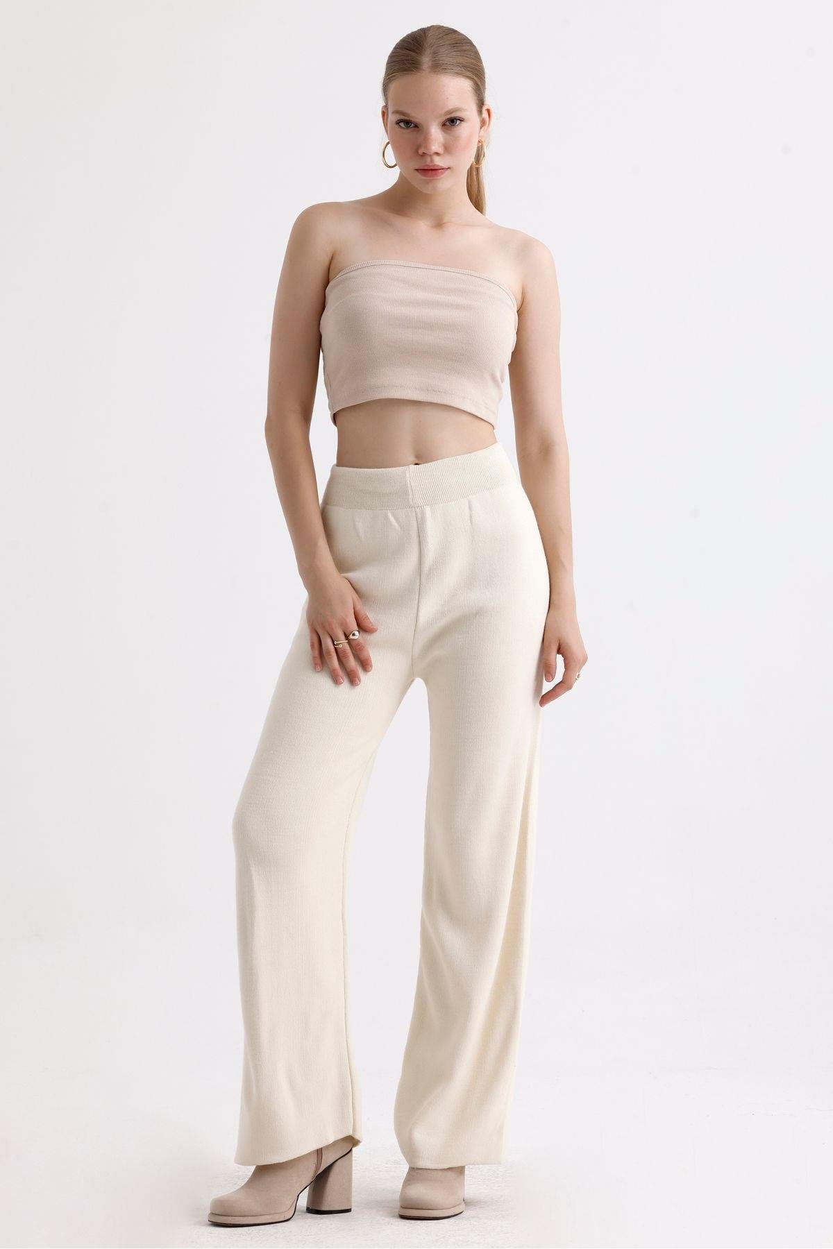 İspanyol Kollu Dik Yaka Kazak Pantolon İkili Triko Takım - Sütlü Kahve