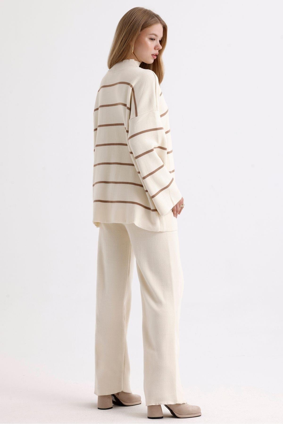 İspanyol Kollu Dik Yaka Kazak Pantolon İkili Triko Takım - Sütlü Kahve