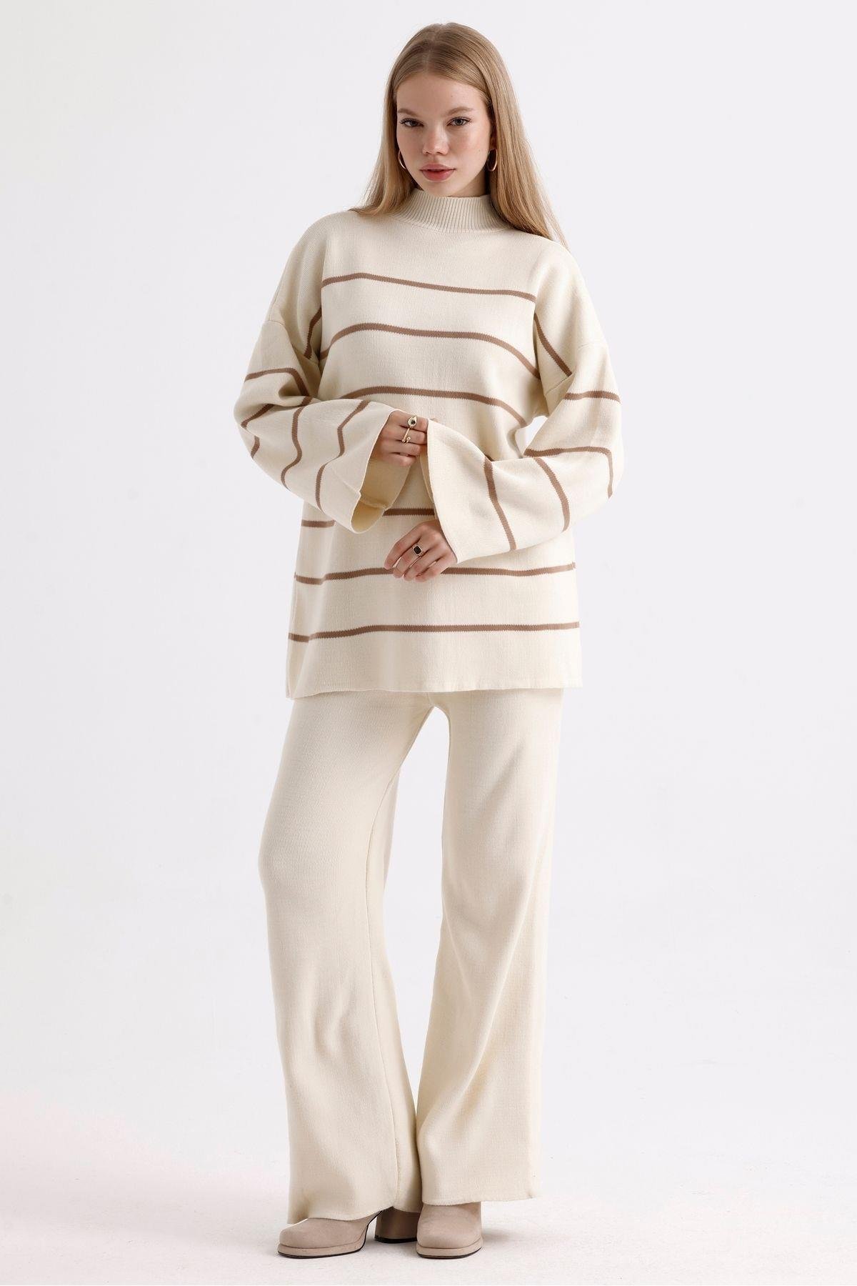 İspanyol Kollu Dik Yaka Kazak Pantolon İkili Triko Takım - Sütlü Kahve