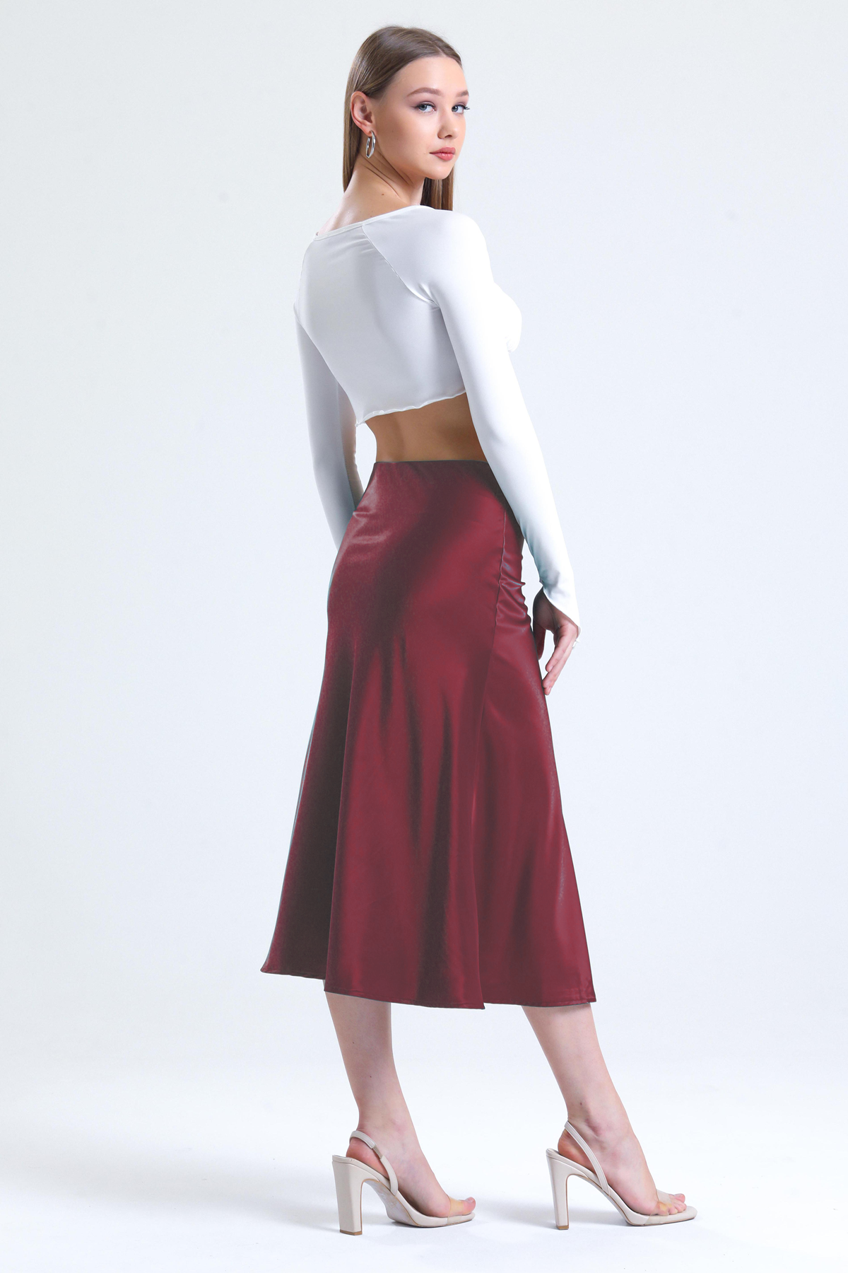 Kadın Beli Lastikli Volanlı Midi Boy Saten Etek - Bordo