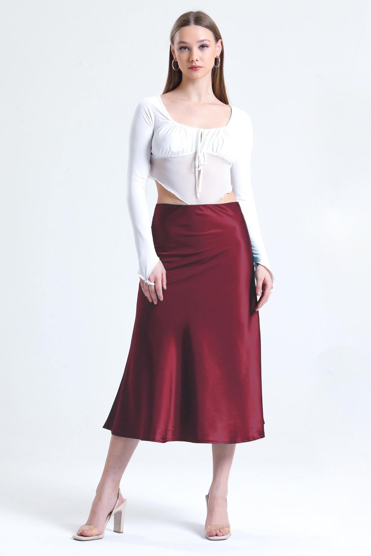 Kadın Beli Lastikli Volanlı Midi Boy Saten Etek - Bordo