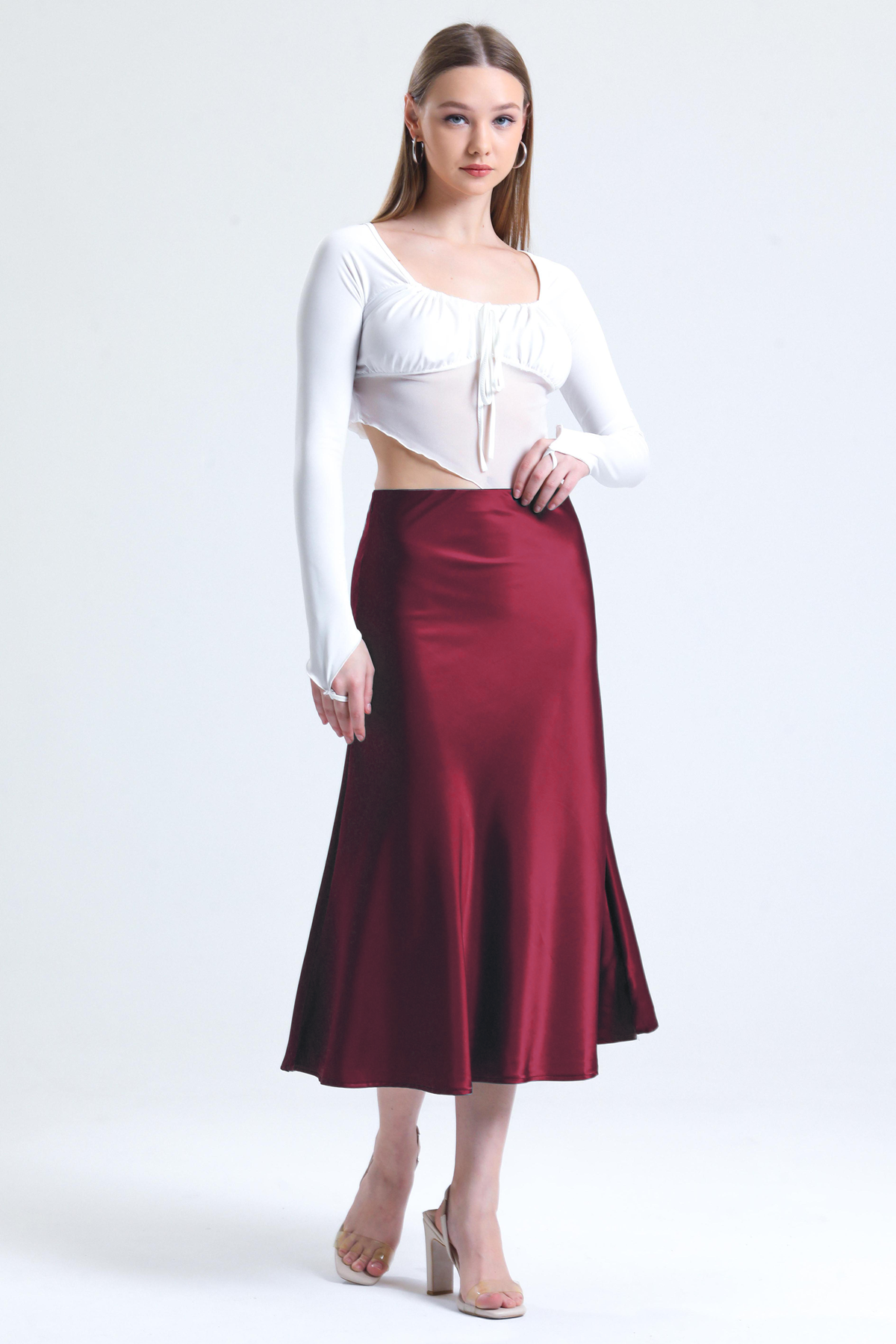 Kadın Beli Lastikli Volanlı Midi Boy Saten Etek - Bordo